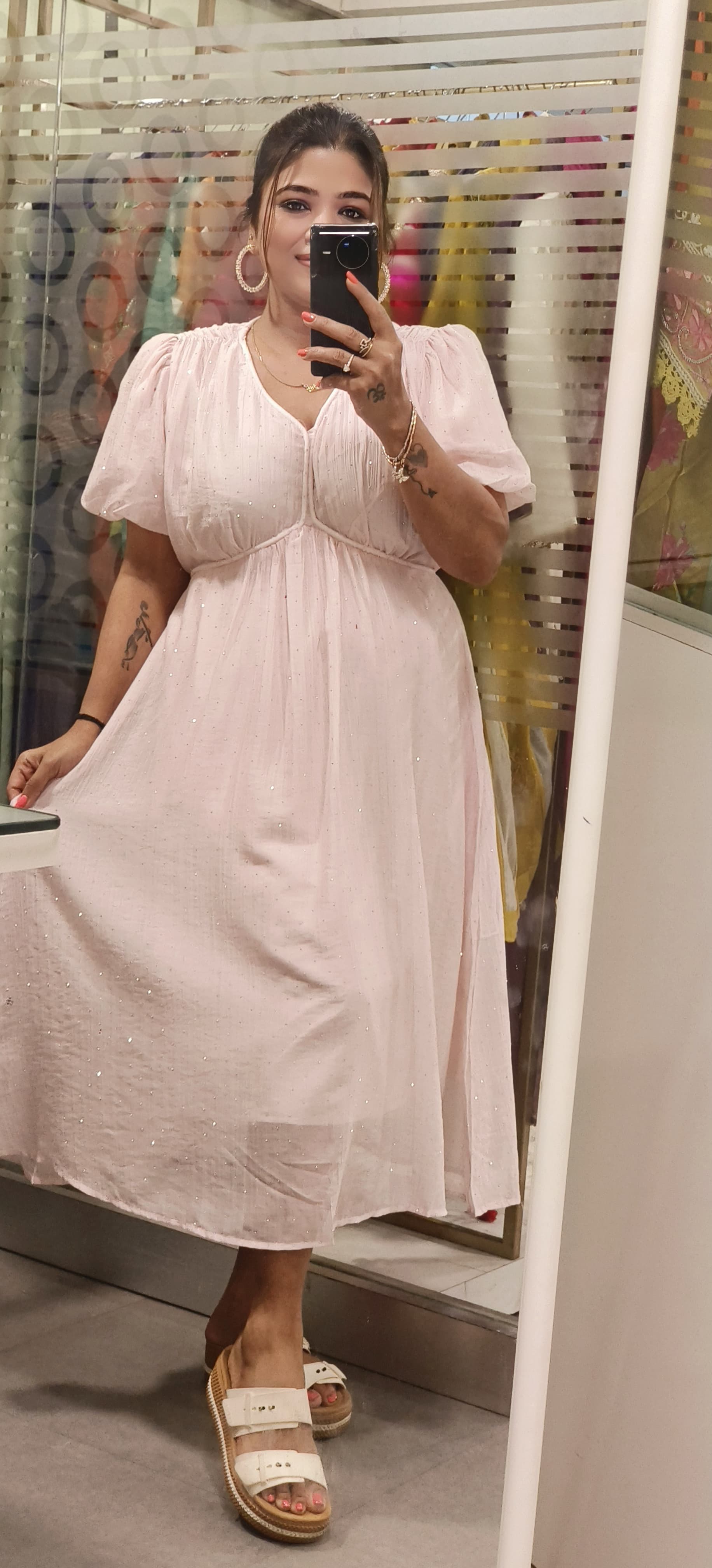 Elegant Shimmer Stone Gathered Midi Dress with Puff Sleeves