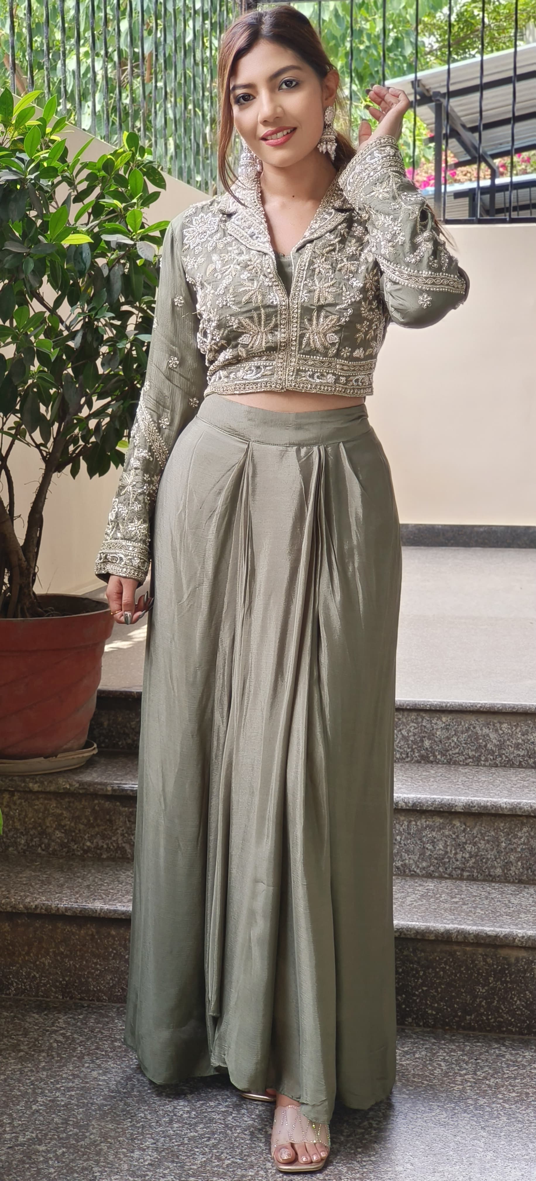 Heavy Pearl Cut Dana Embroidered Indo Western Wear Short Buster With Draped Skirt And Embroidered Jacket 09649,09650
