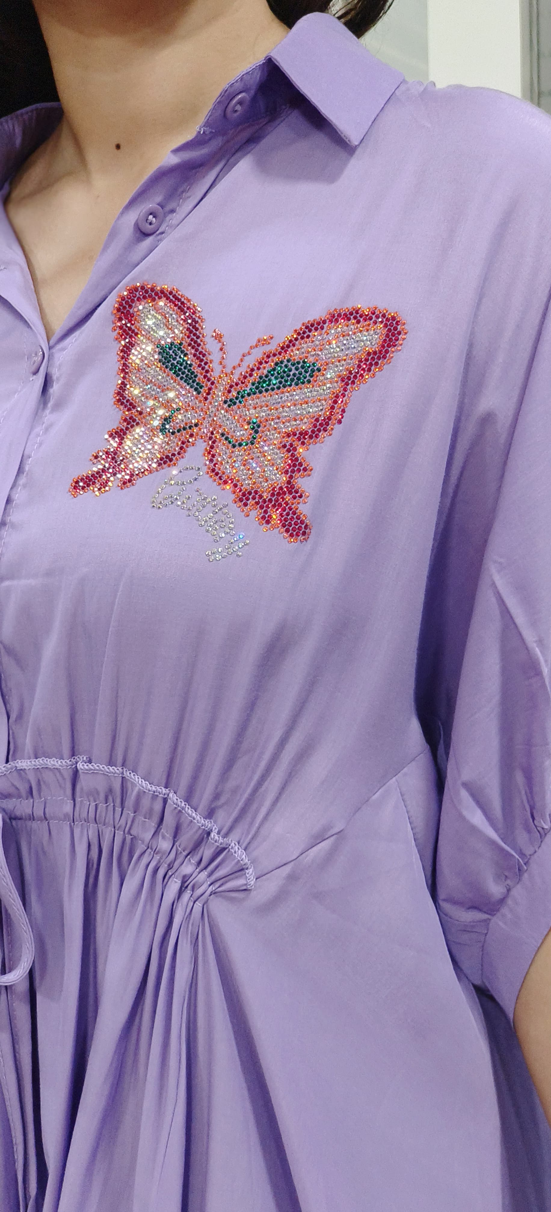 Radiant Wings Pop Embellished Shirt Dress With Collar