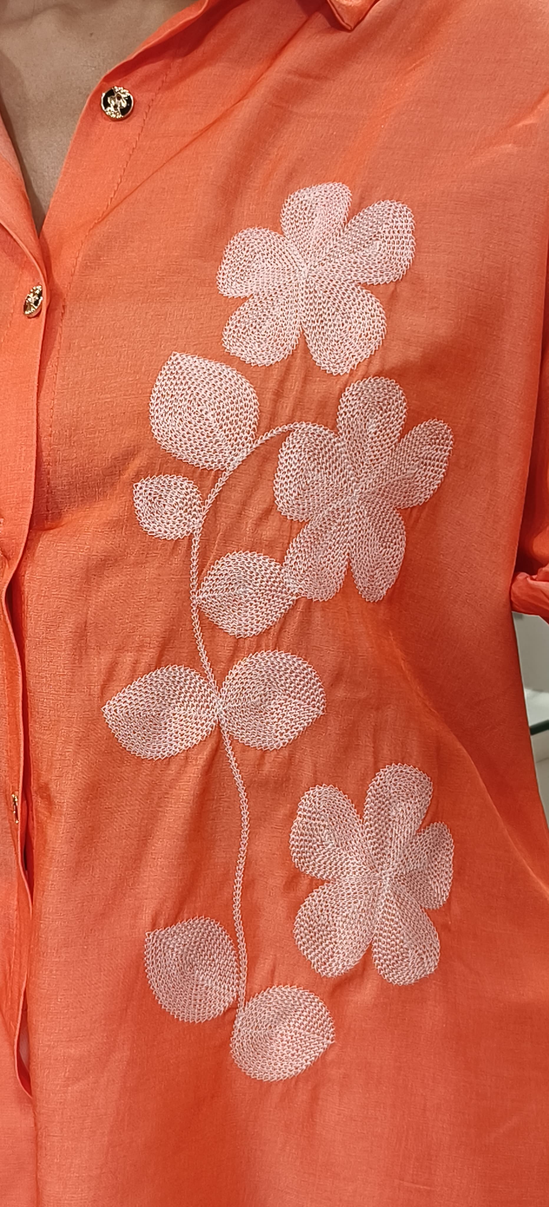 Elegant Coral Floral Embroidered Women's Shirt – Casual Chic Tunic Top