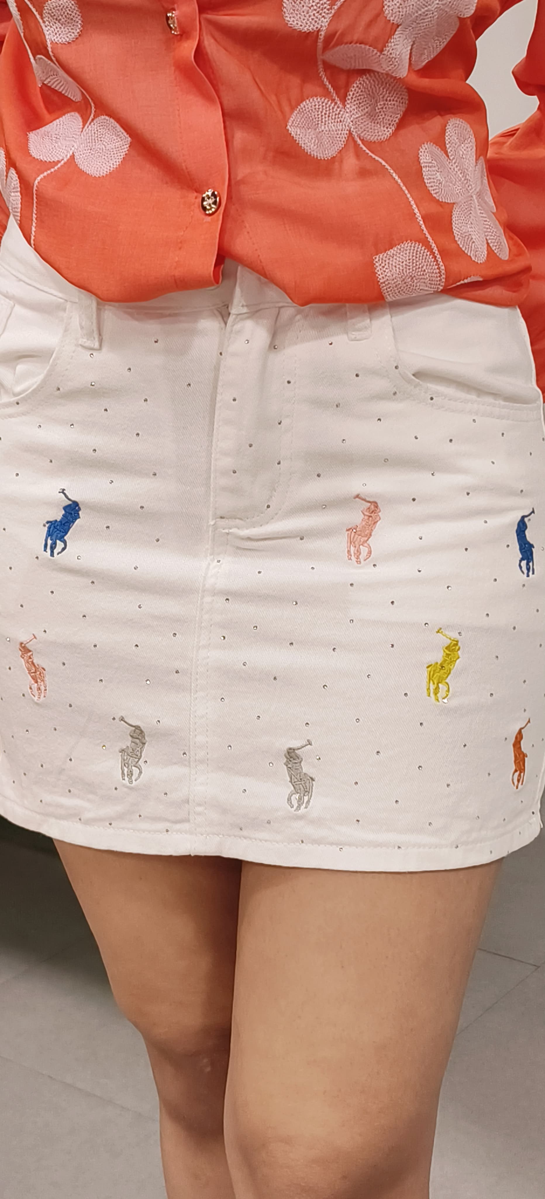 Mini White Polo Embroidered Denim Skirt