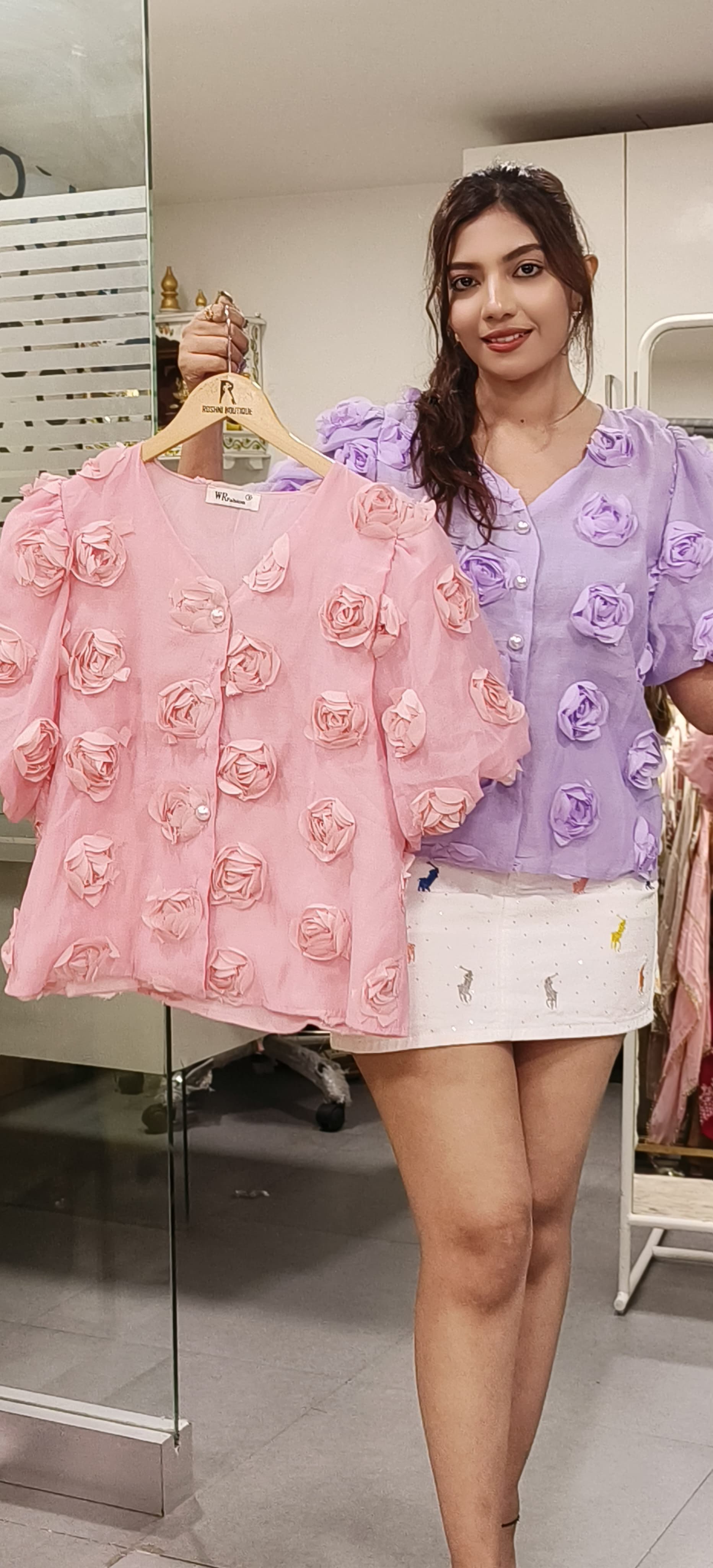 Rose Popped Elegant Top With Pearl Button