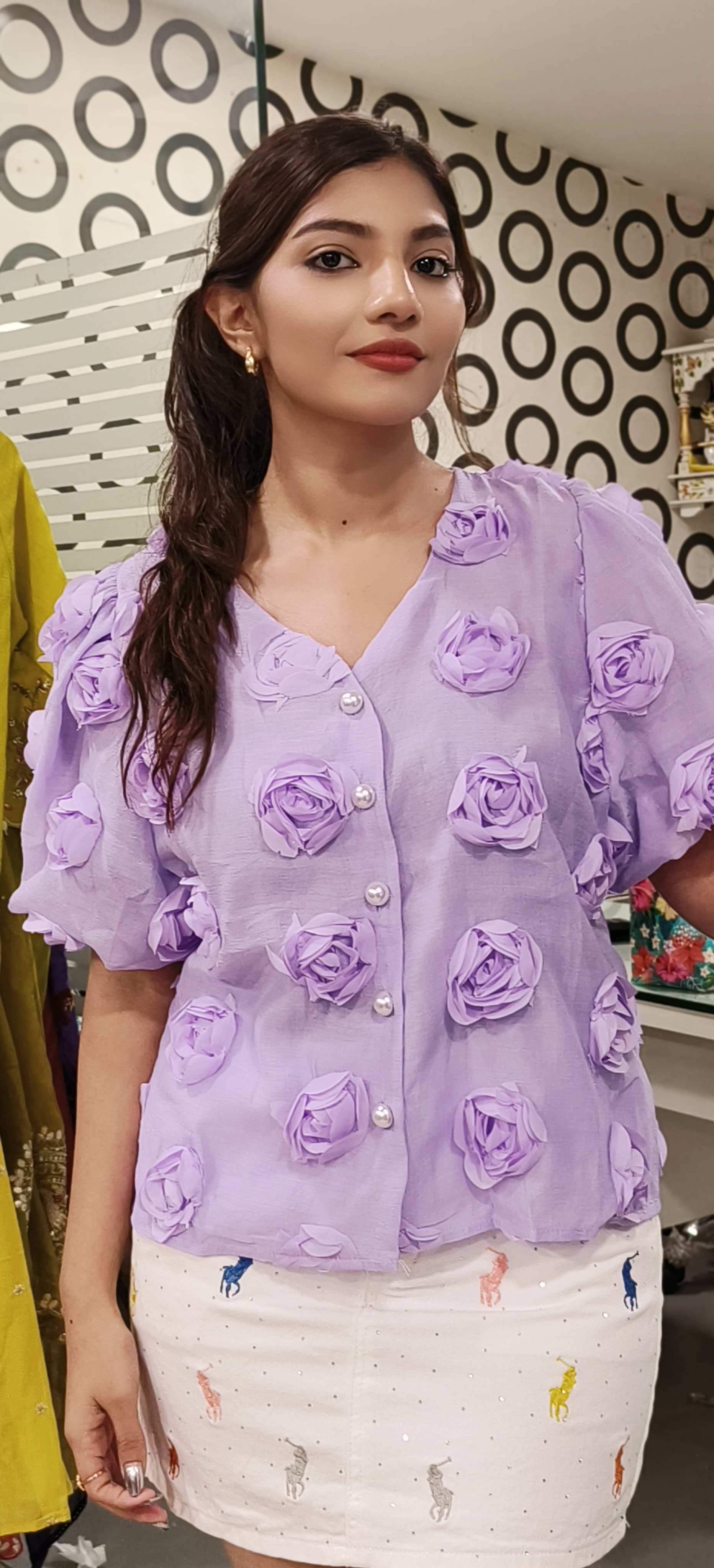 Rose Popped Elegant Top With Pearl Button