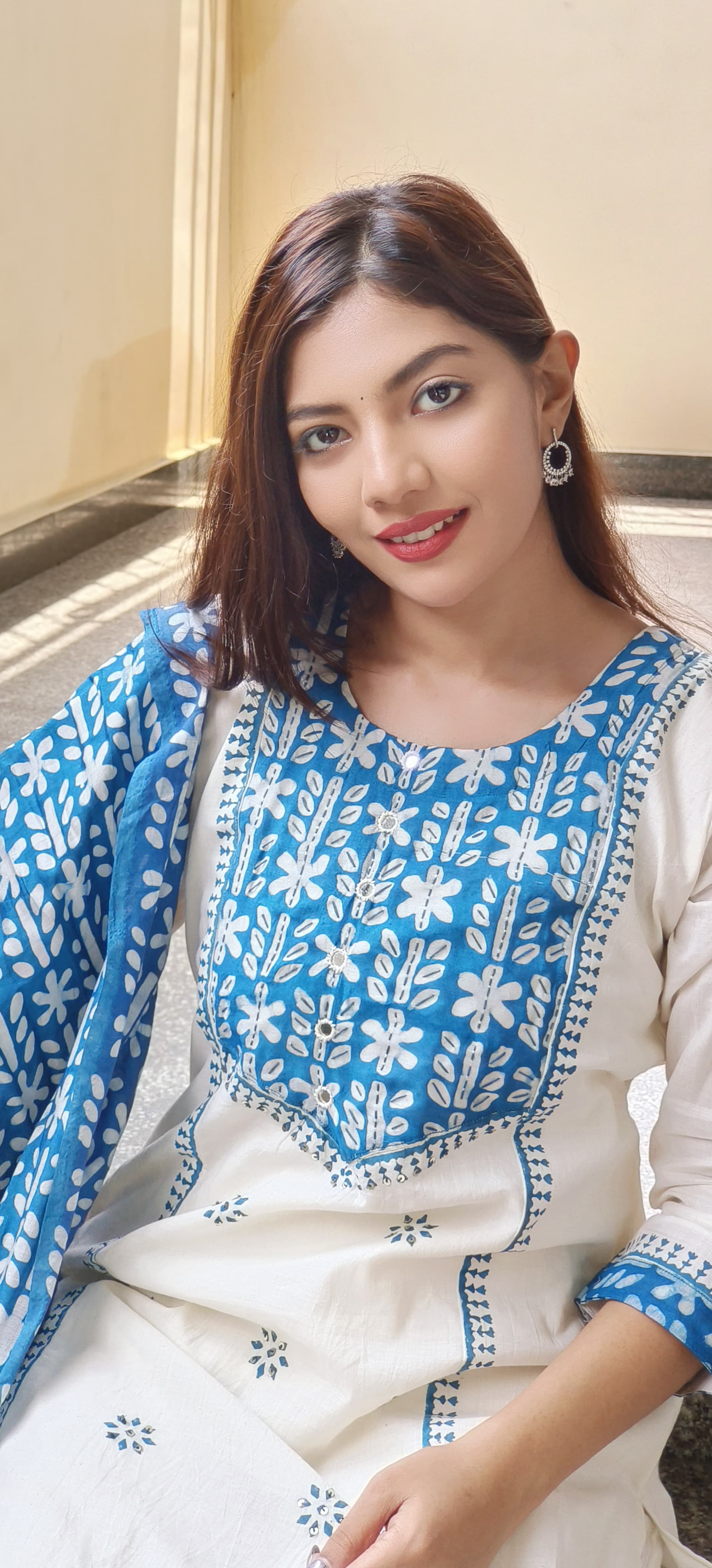 Cotton A-Line Kurta With Pant And cotton Chanderi  Dupatta Set- 09715, 09716