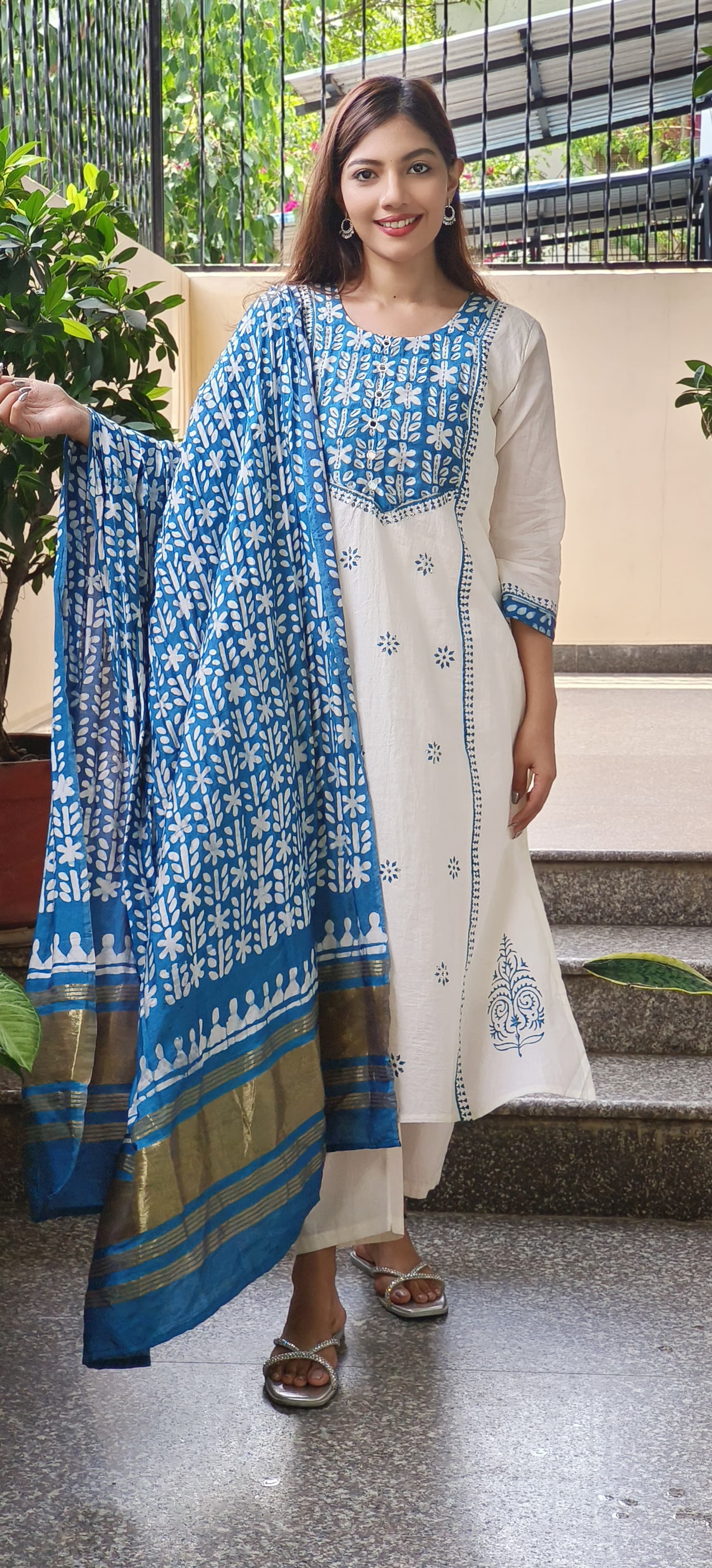 Cotton A-Line Kurta With Pant And cotton Chanderi  Dupatta Set- 09715, 09716