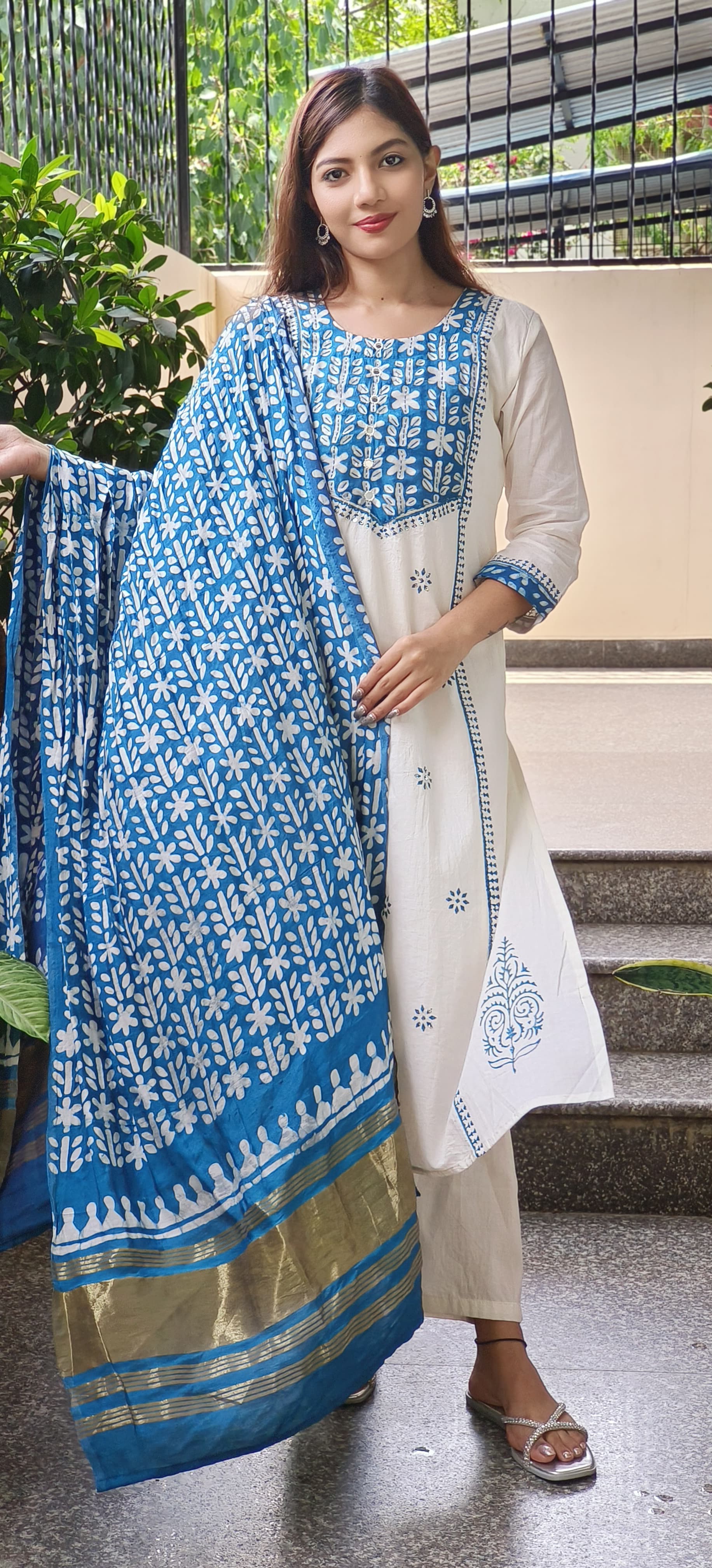Cotton A-Line Kurta With Pant And cotton Chanderi  Dupatta Set- 09715, 09716