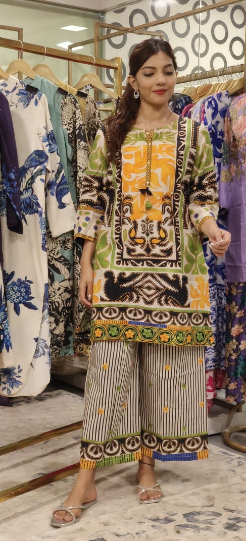 Linen Cotton  Printed Kurta with stripe palazzo 09566