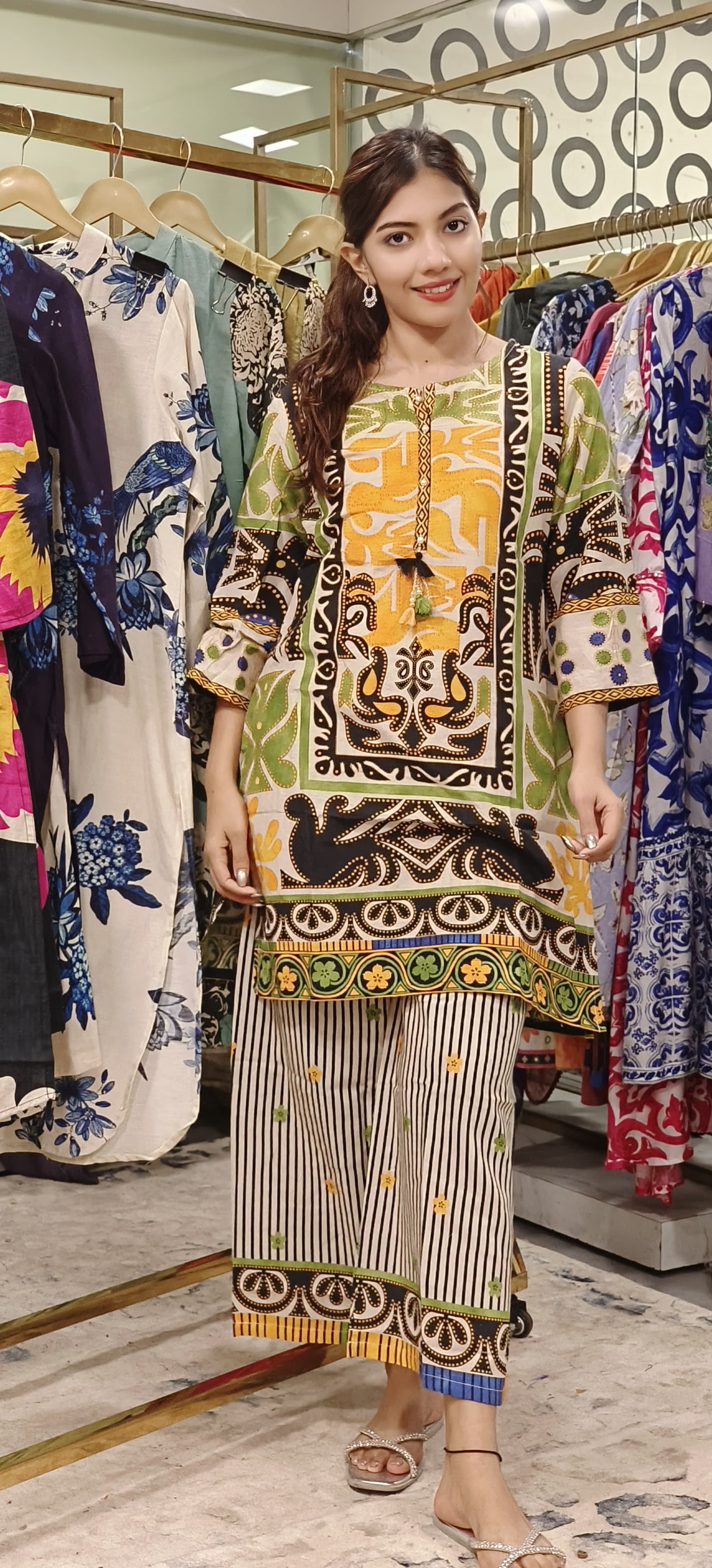 Linen Cotton  Printed Kurta with stripe palazzo 09566