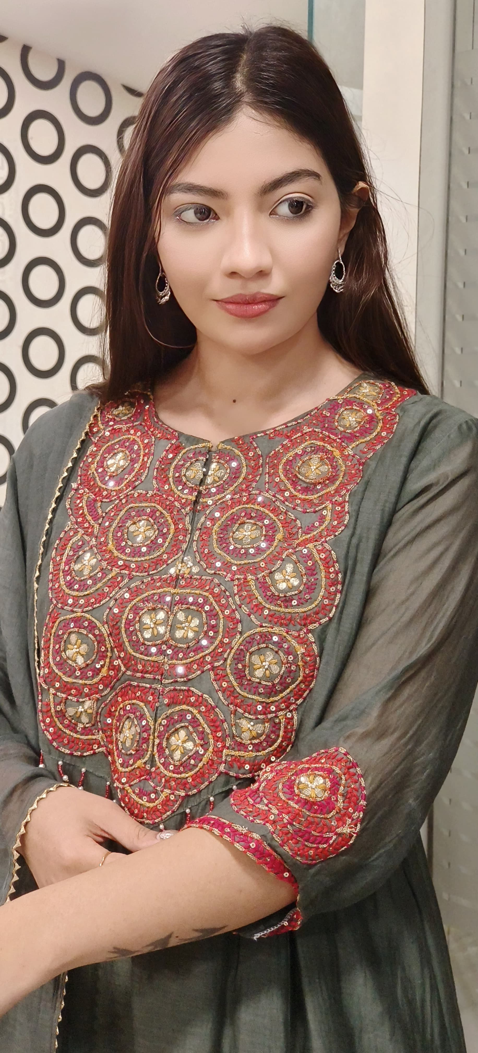 Mul Chanderi Multicolored Thread  Embroidered Party Aline Kurta with Bottom and Dupatta 09631