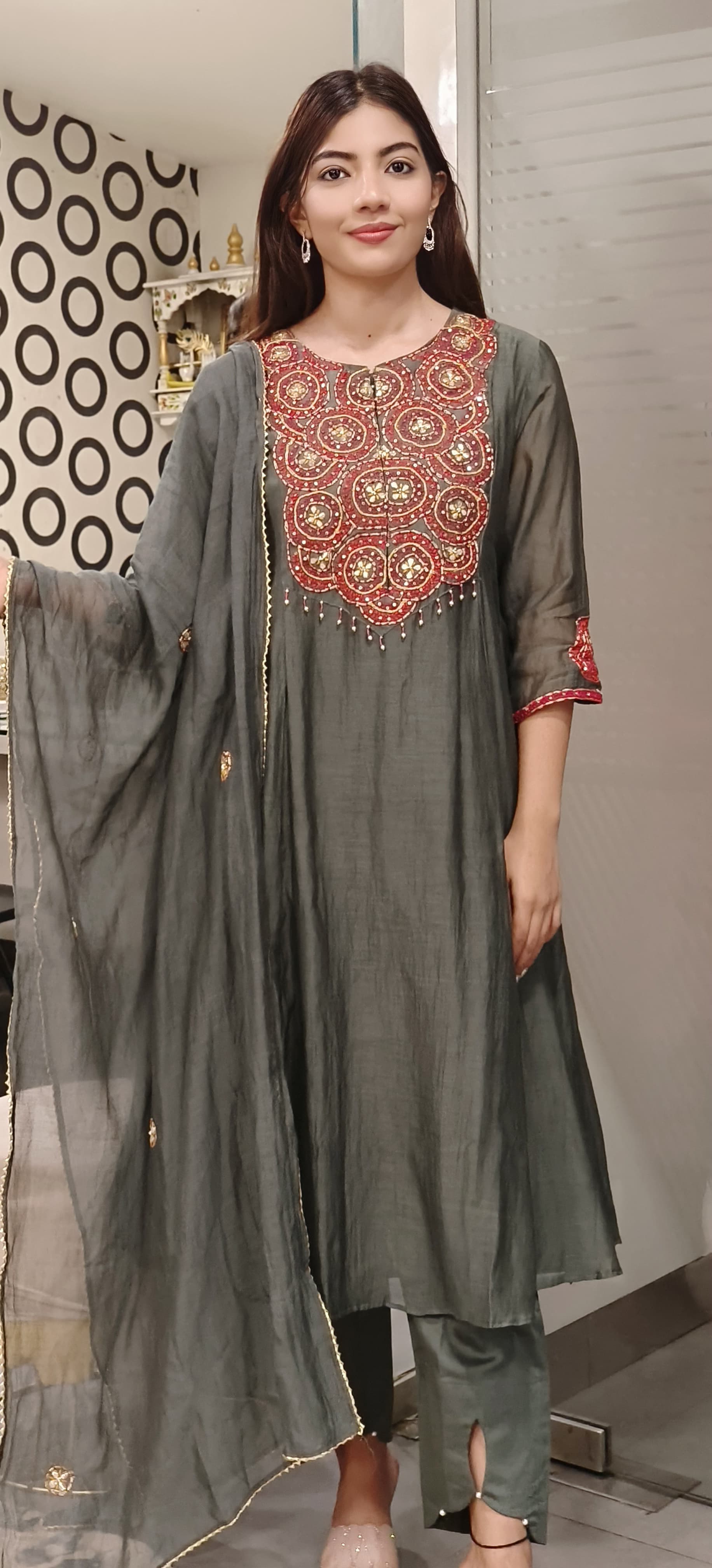 Mul Chanderi Multicolored Thread  Embroidered Party Aline Kurta with Bottom and Dupatta 09631