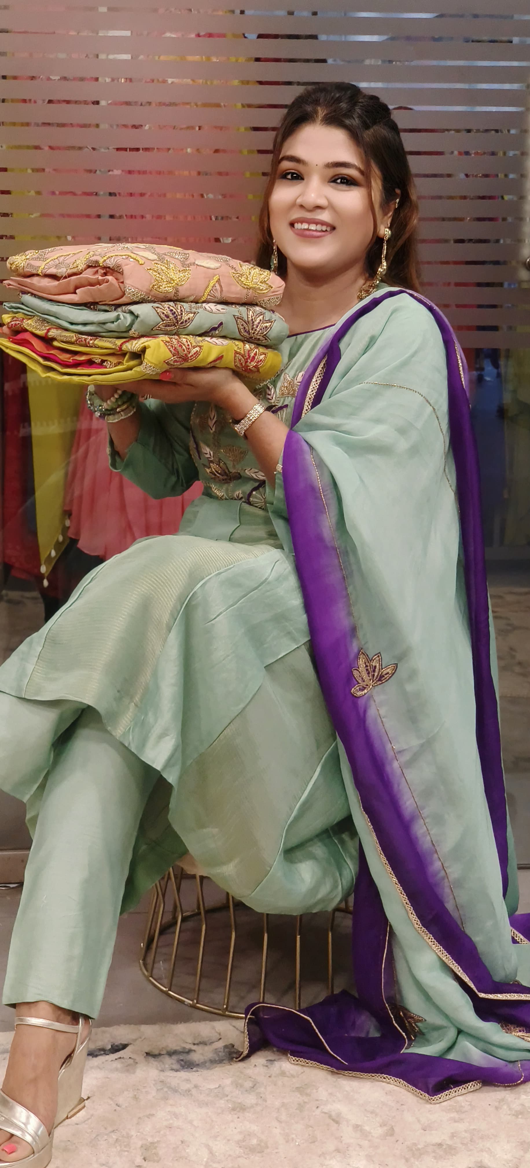 Pure Chanderi Zari Zardozi & Thread Embroidered Work Party Wear Aline Kurta with Pant and Organza Dupatta- 09636