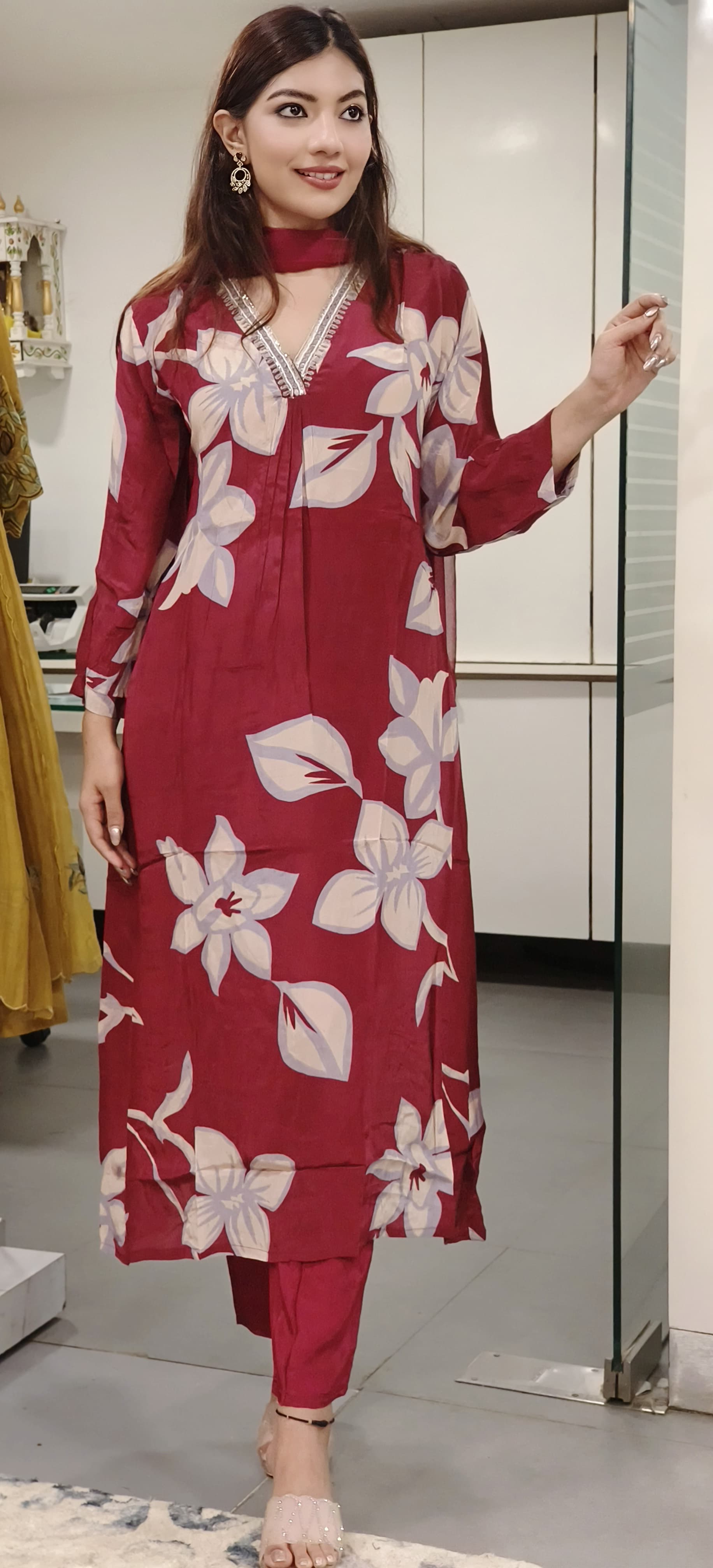 Aline Crape Floral Embellished Kurta Set with Matching Pants And Dupatta-7800,6610