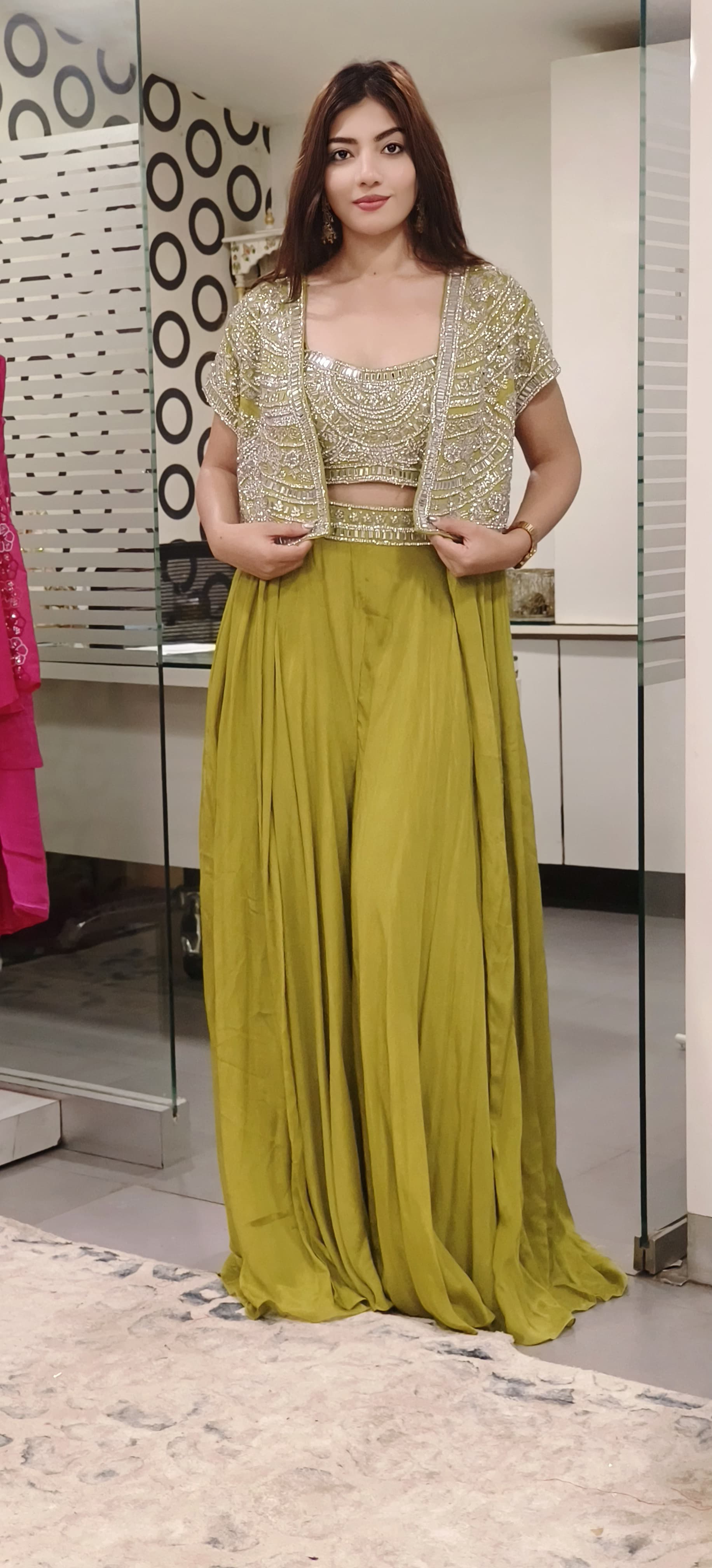 Crystal & Stone Heavy Work Buster With Skirt Look Palazzo With Jacket Designer Indo Western- 09899-On Orders