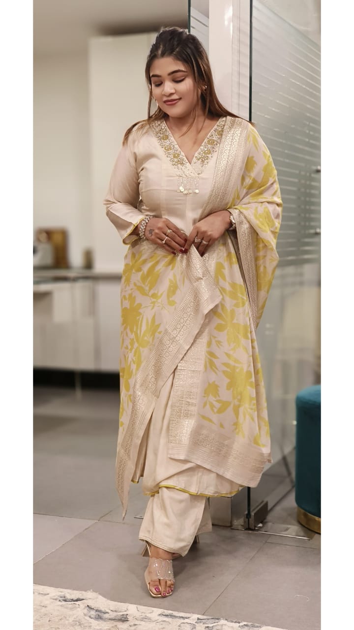 V-Neck Beautiful Work Panel Anarkali Full Suit In Silk Fabric & Shimmer Organza Dupatta- 09973