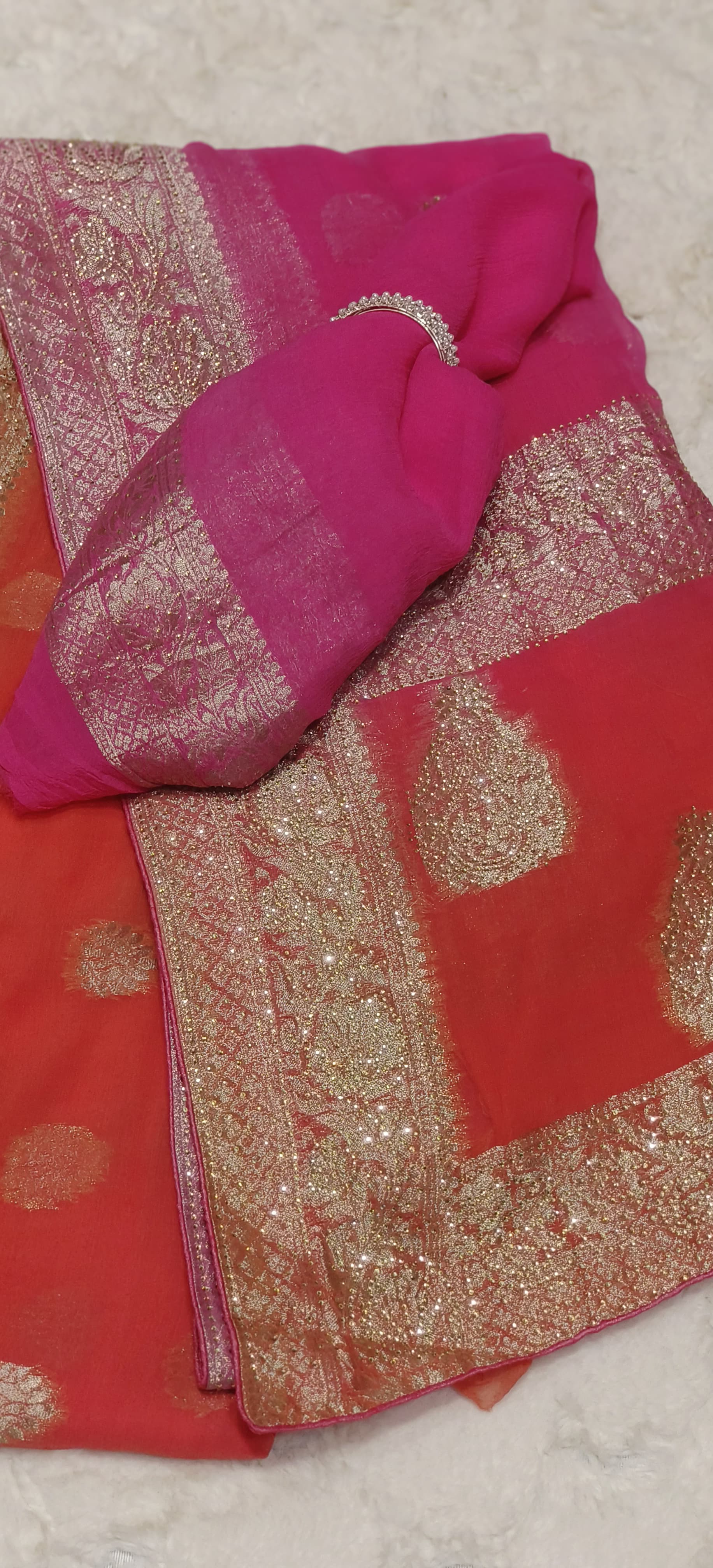Dual Tone Chiffon Saree With Beautiful Banarasi Border & Stone Work (Unstitched Blouse)