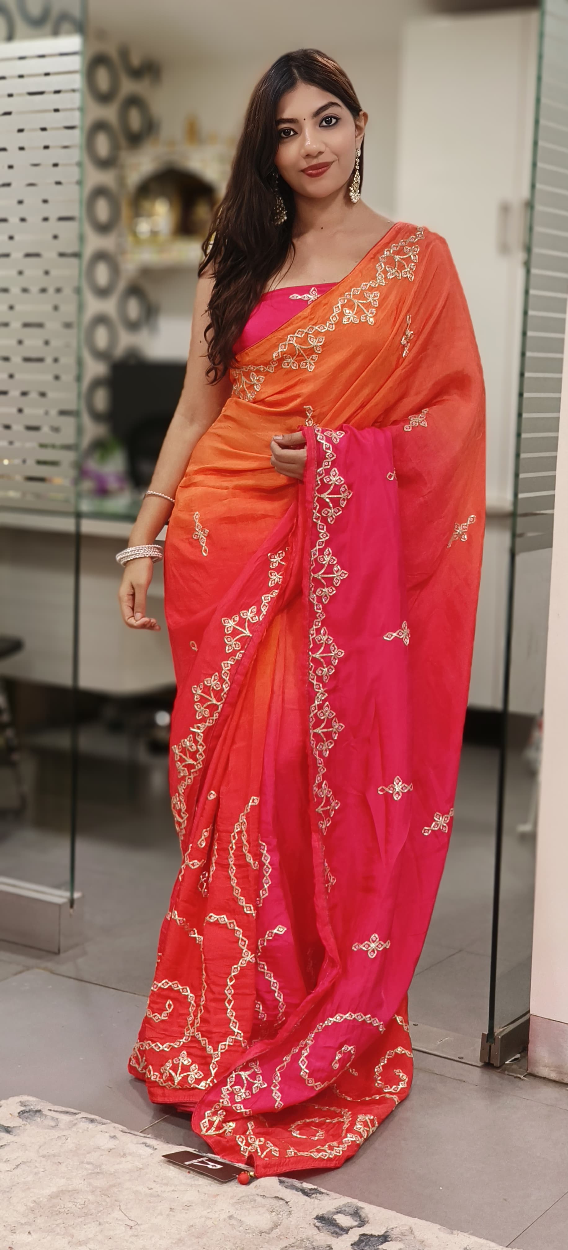 Dual Color Silver Lace Gotta Patti Work Silk Saree (Unstitched Blouse)