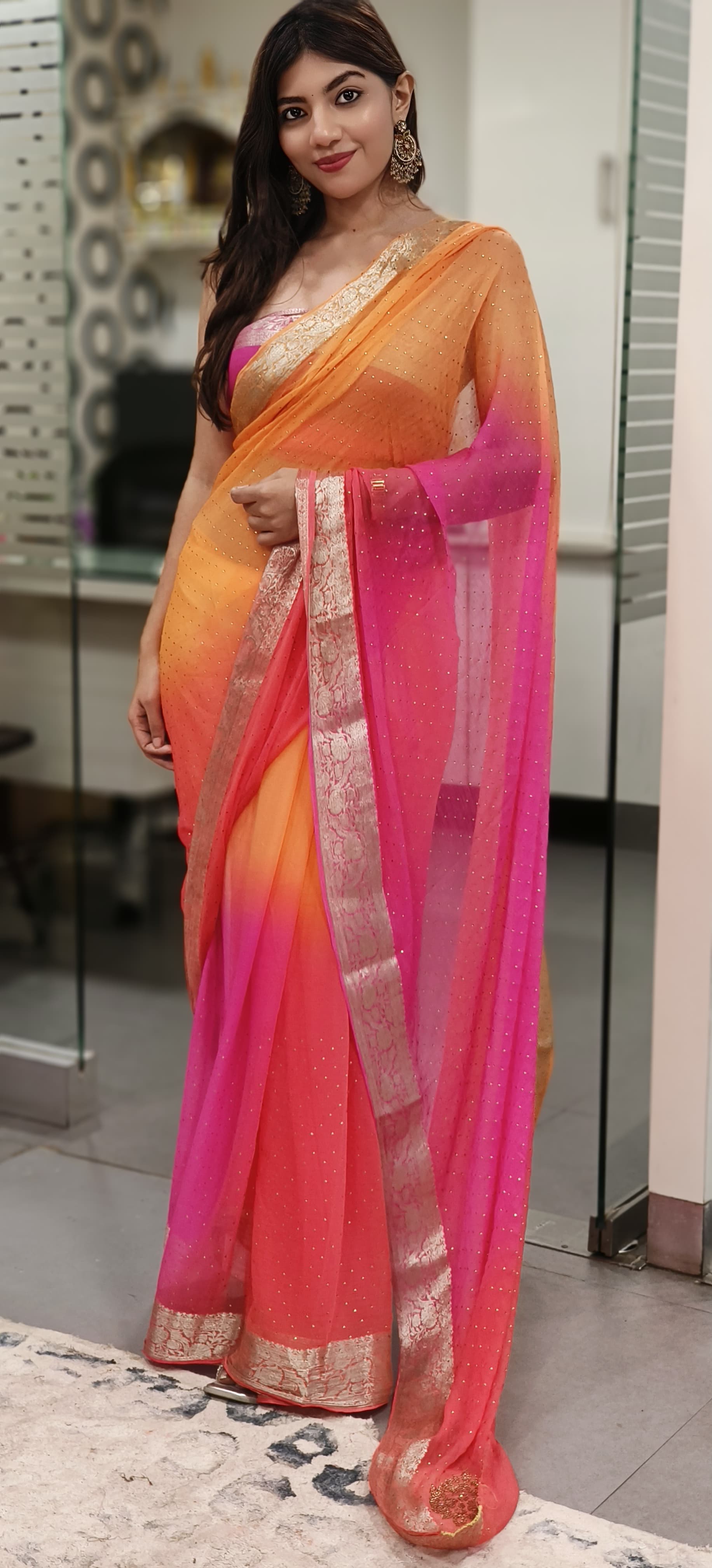 Dotted Stone Chinon Saree With Beautiful Border (Unstitched Blouse)