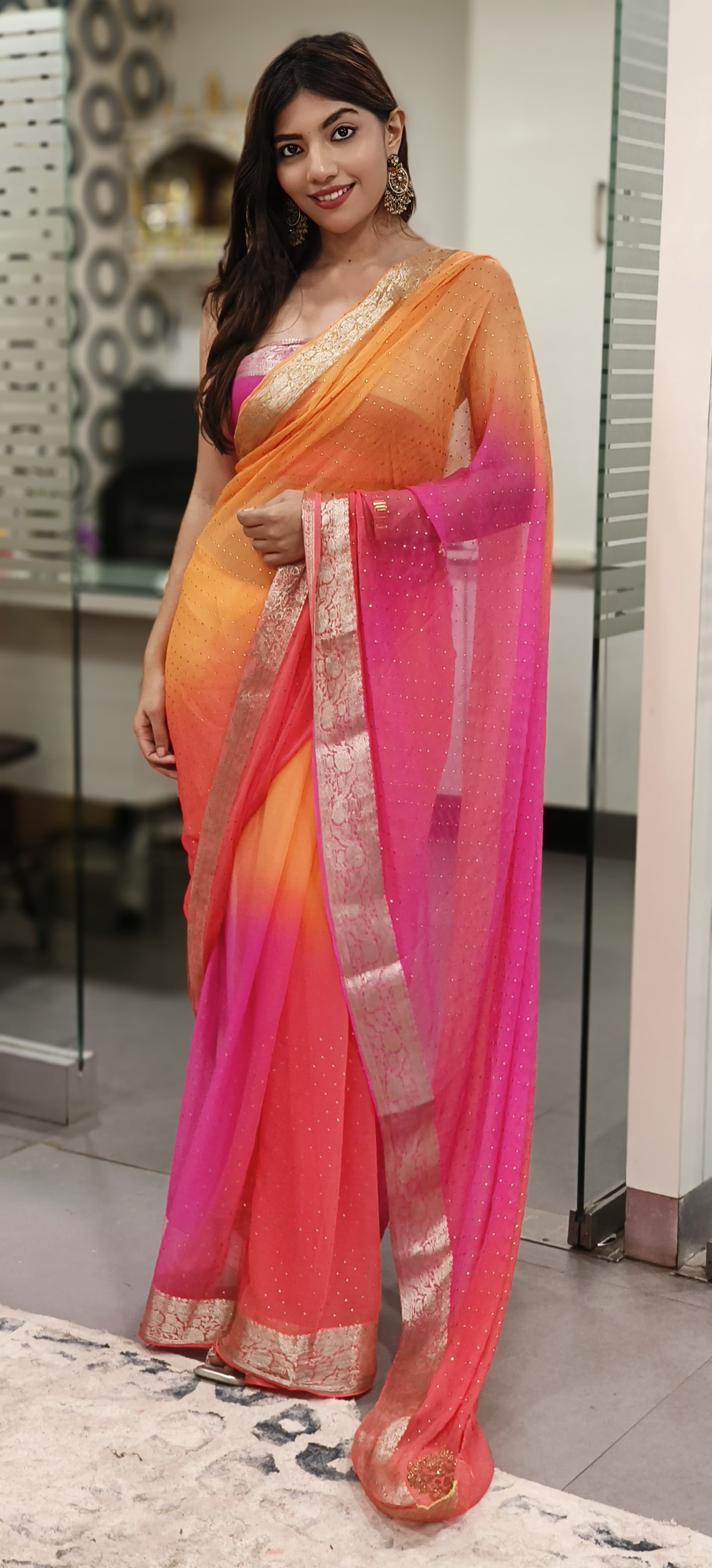 Dotted Stone Chinon Saree With Beautiful Border (Unstitched Blouse)