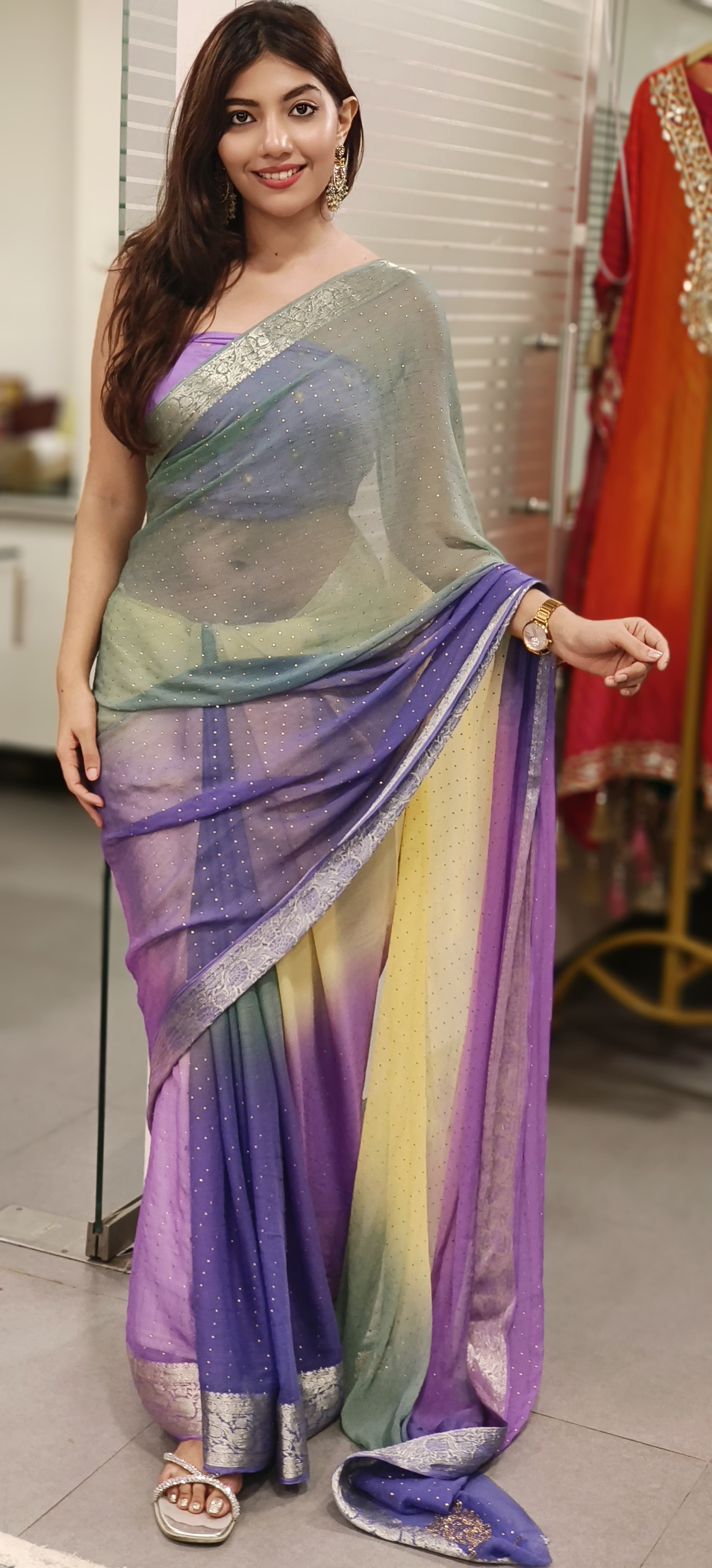 Dotted Stone Chinon Saree With Beautiful Border (Unstitched Blouse)