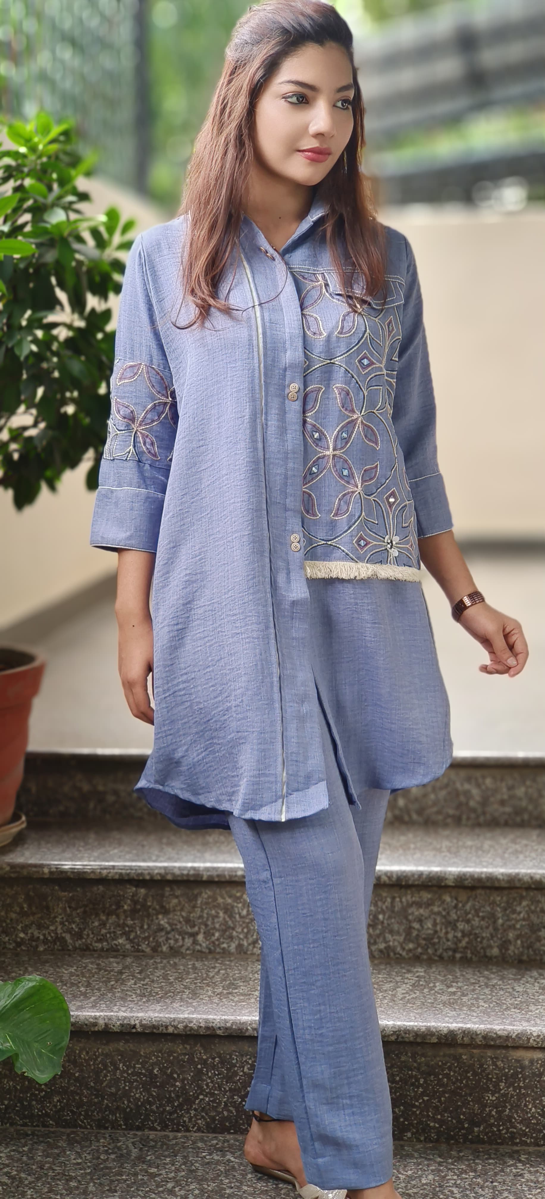 Denim Look Thread Work Collared Co-Ord Set- 10283