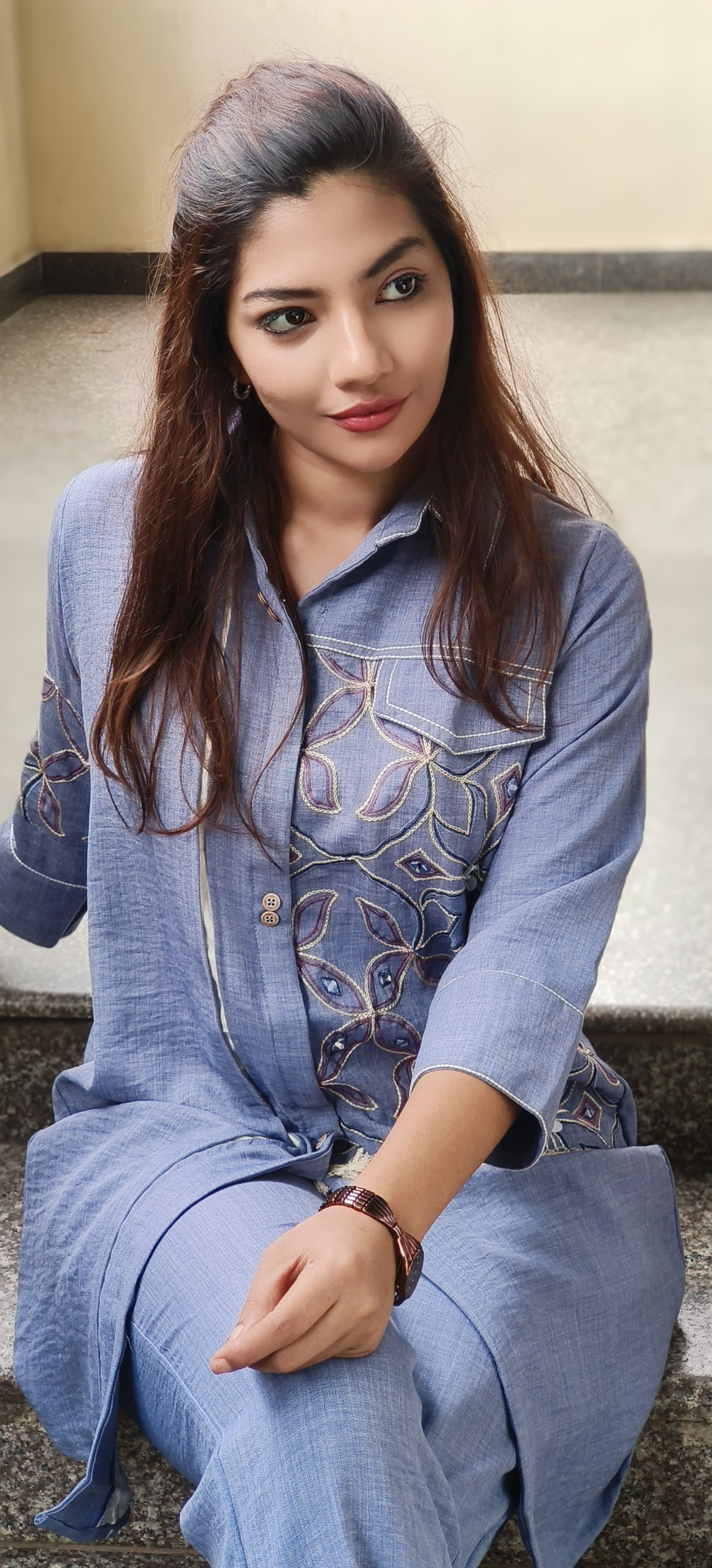 Denim Look Thread Work Collared Co-Ord Set- 10283