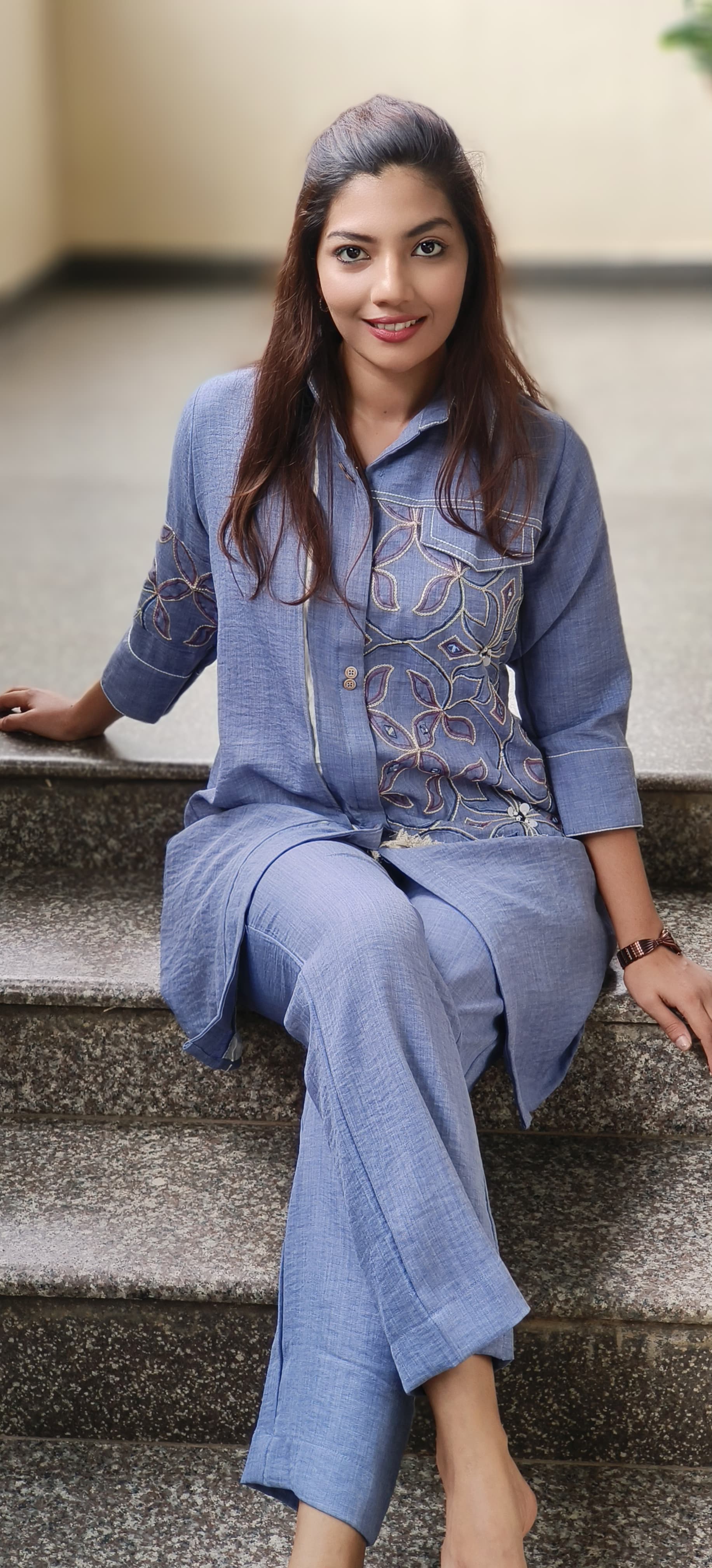 Denim Look Thread Work Collared Co-Ord Set- 10283
