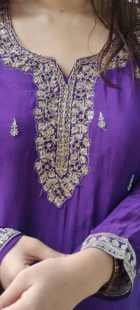 Handwork Beautiful Neck Chinon Full Suit Set With Loose Palazzo Bottom & Dupatta- 10186