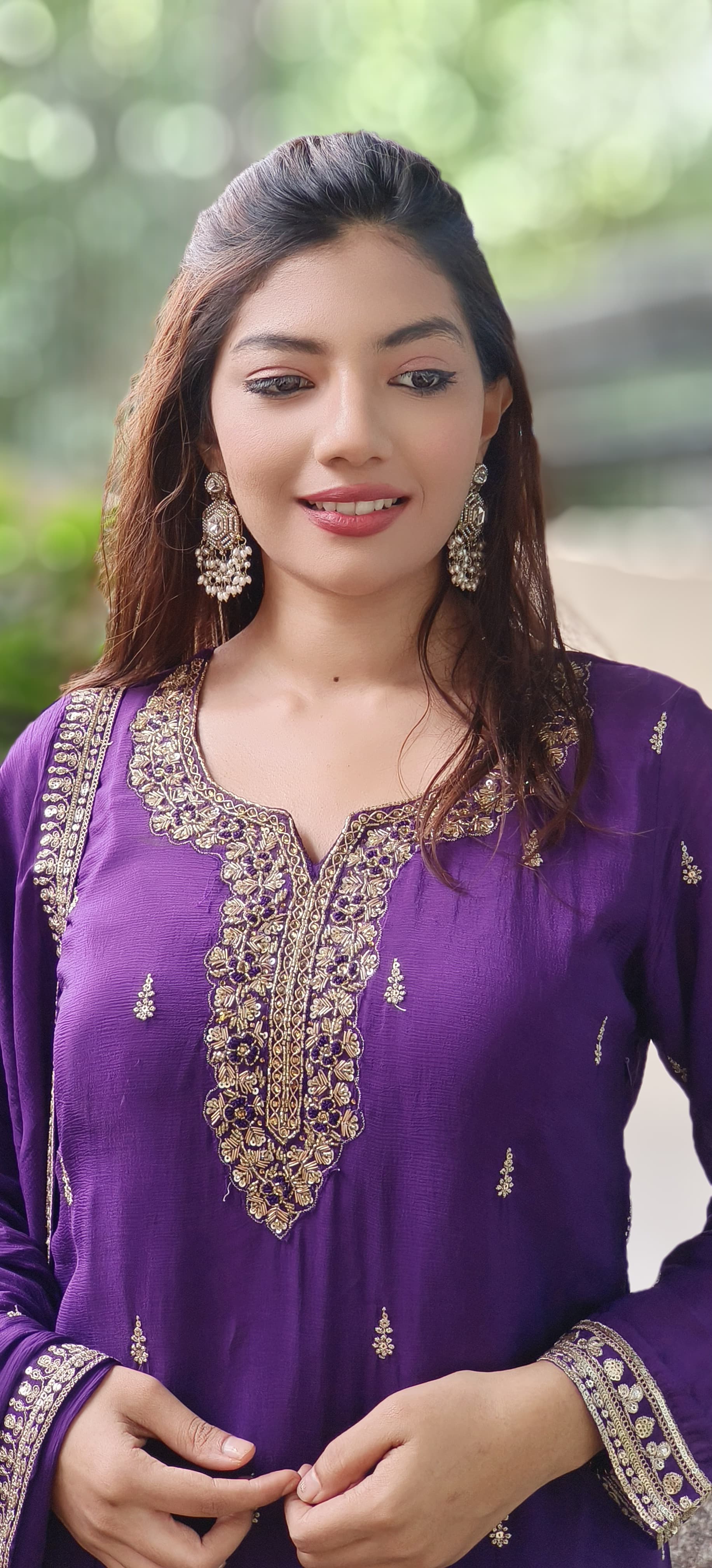 Handwork Beautiful Neck Chinon Full Suit Set With Loose Palazzo Bottom & Dupatta- 10186