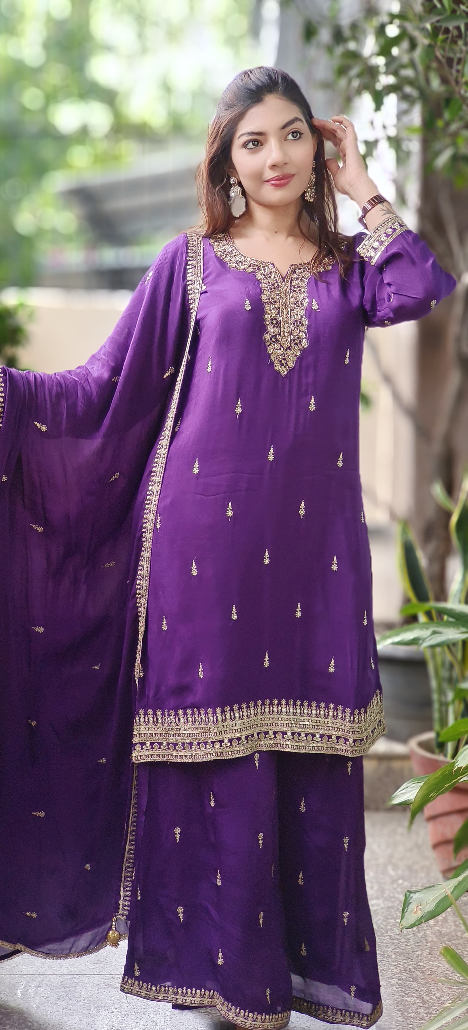 Handwork Beautiful Neck Chinon Full Suit Set With Loose Palazzo Bottom & Dupatta- 10186