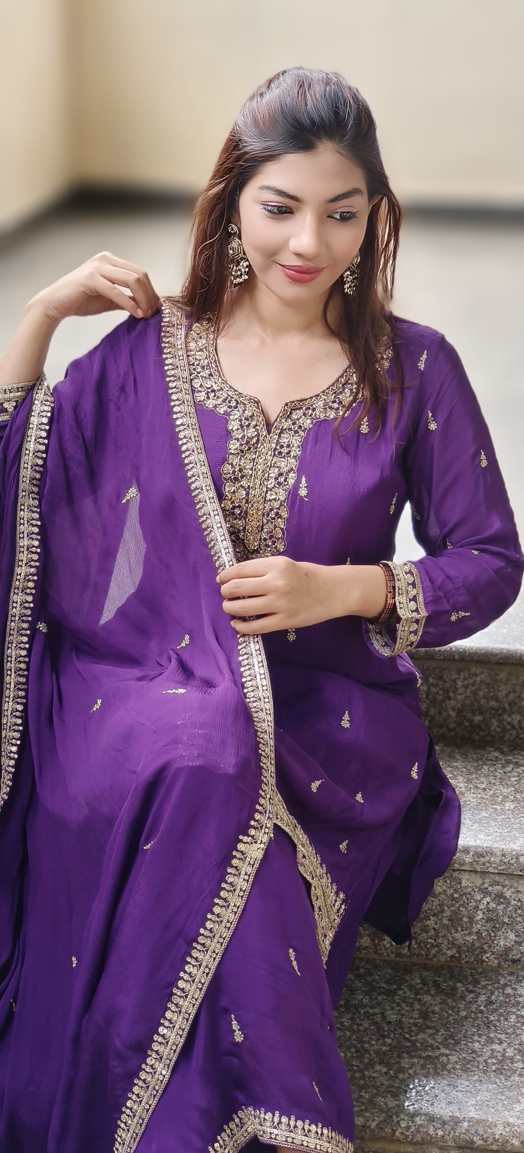 Handwork Beautiful Neck Chinon Full Suit Set With Loose Palazzo Bottom & Dupatta- 10186