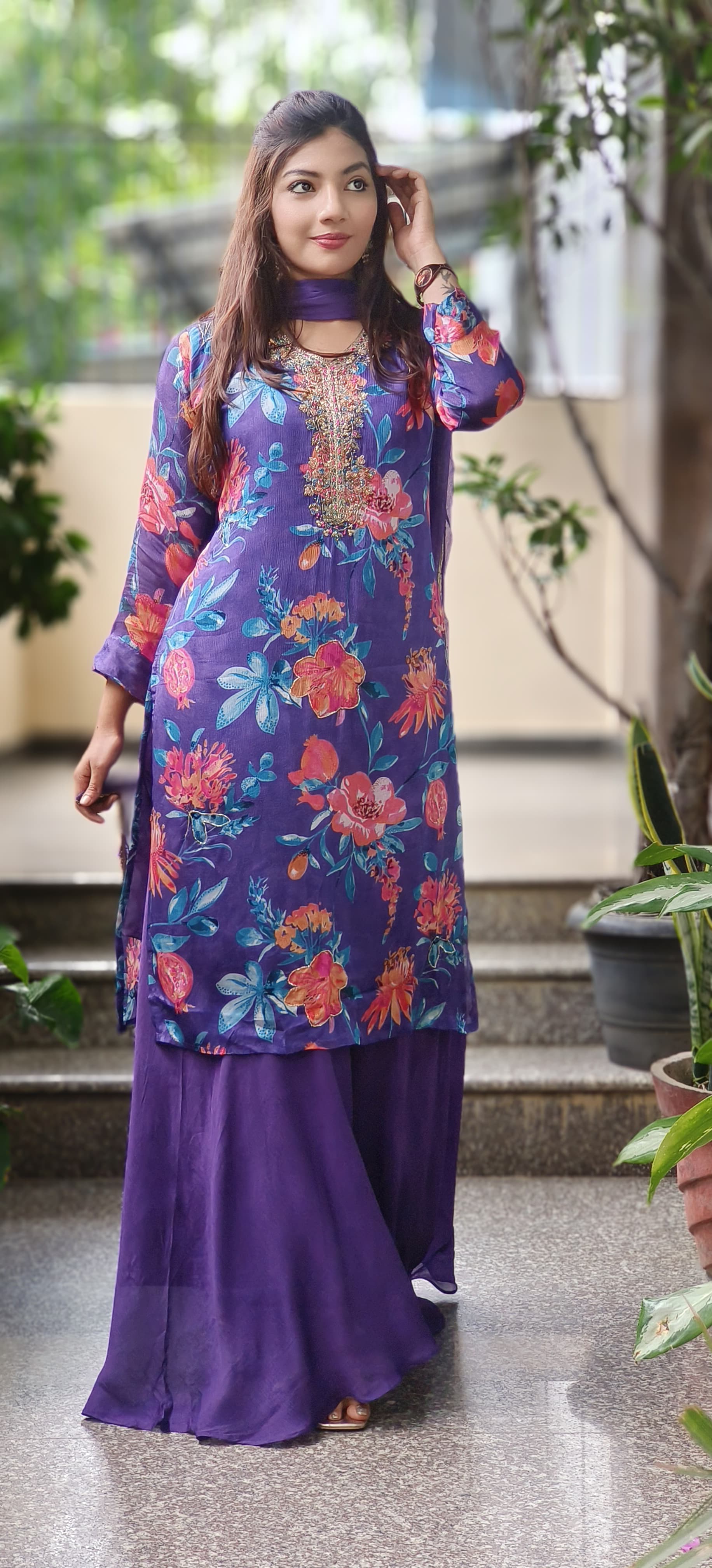 Zardosi Neck Work Floral Printed Chinon Full Suit Set With Loose Palazzo Bottom & Dupatta- 10198