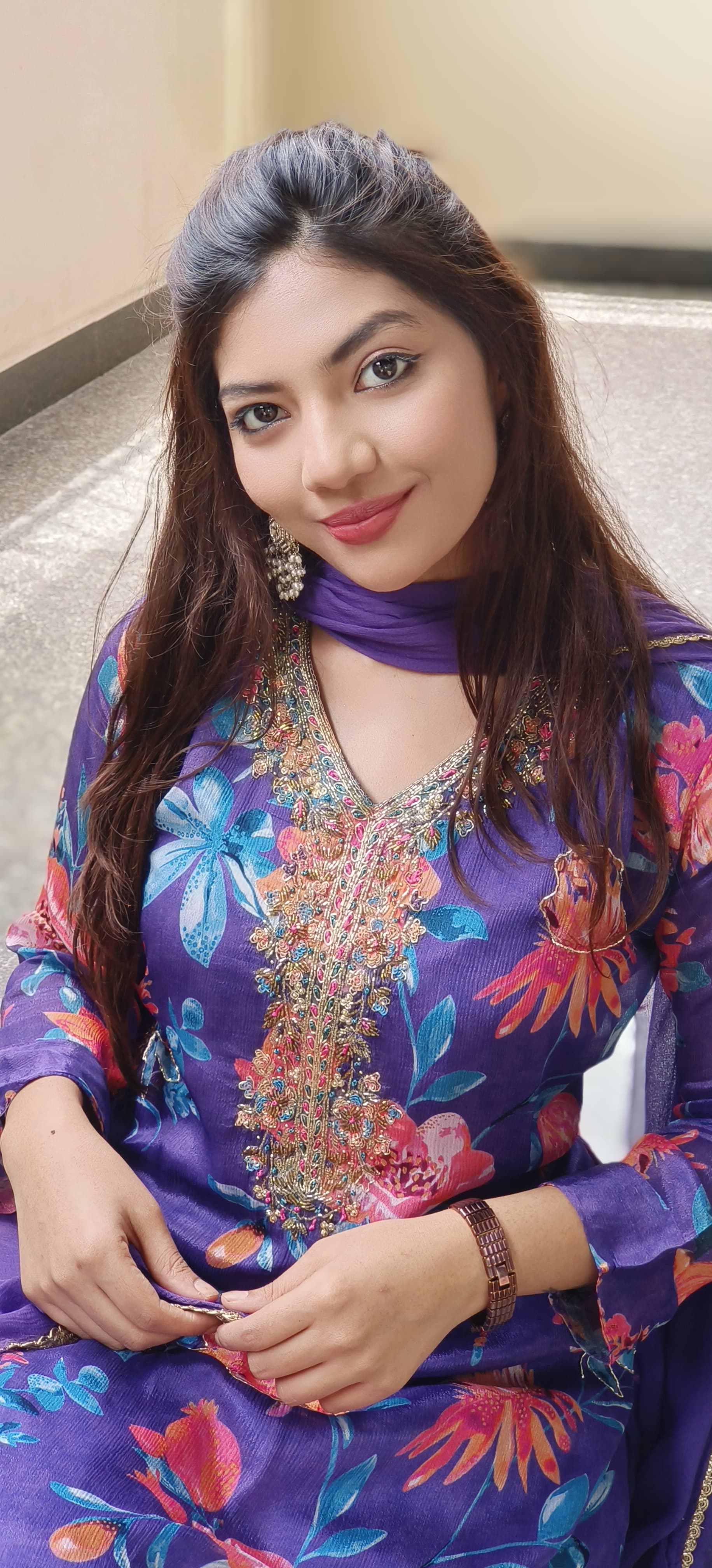 Zardosi Neck Work Floral Printed Chinon Full Suit Set With Loose Palazzo Bottom & Dupatta- 10198