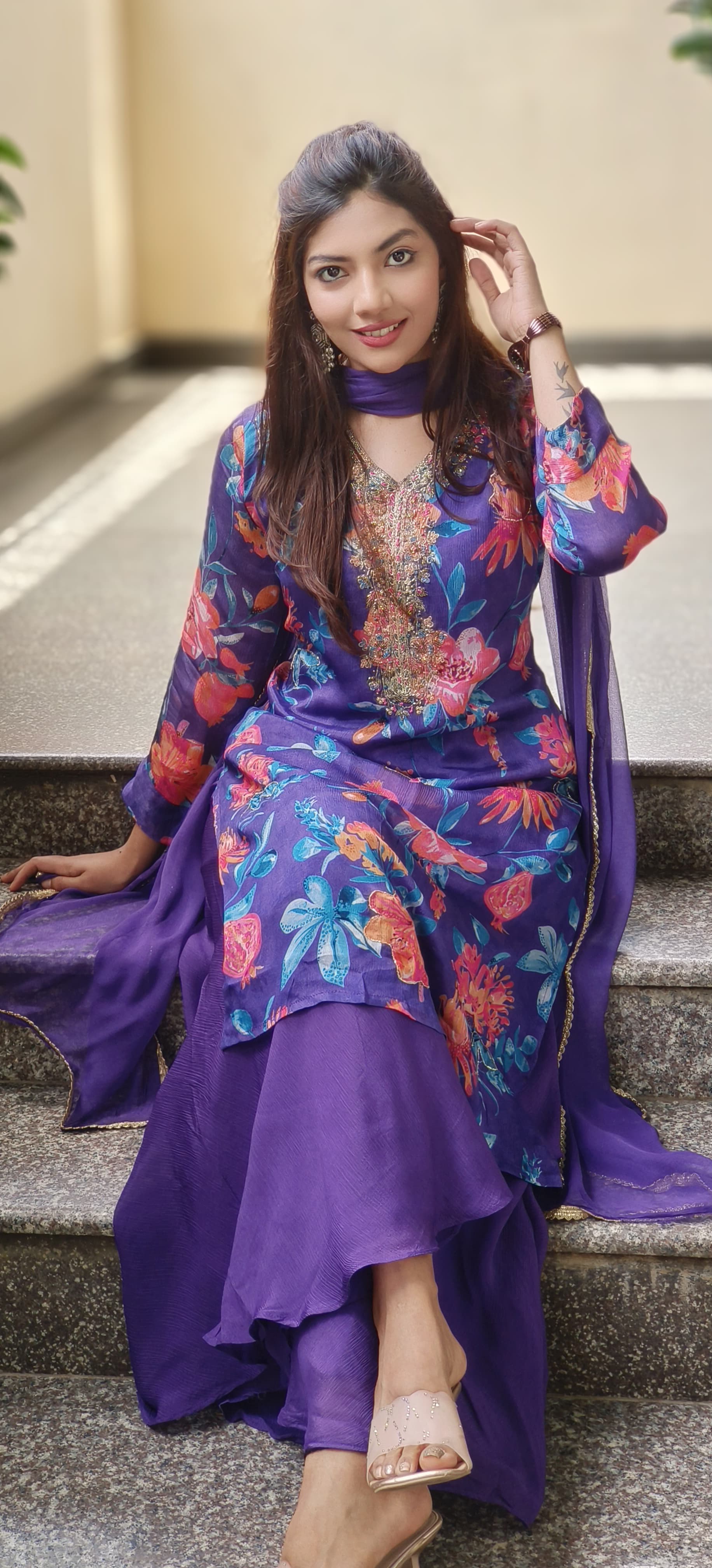 Zardosi Neck Work Floral Printed Chinon Full Suit Set With Loose Palazzo Bottom & Dupatta- 10198