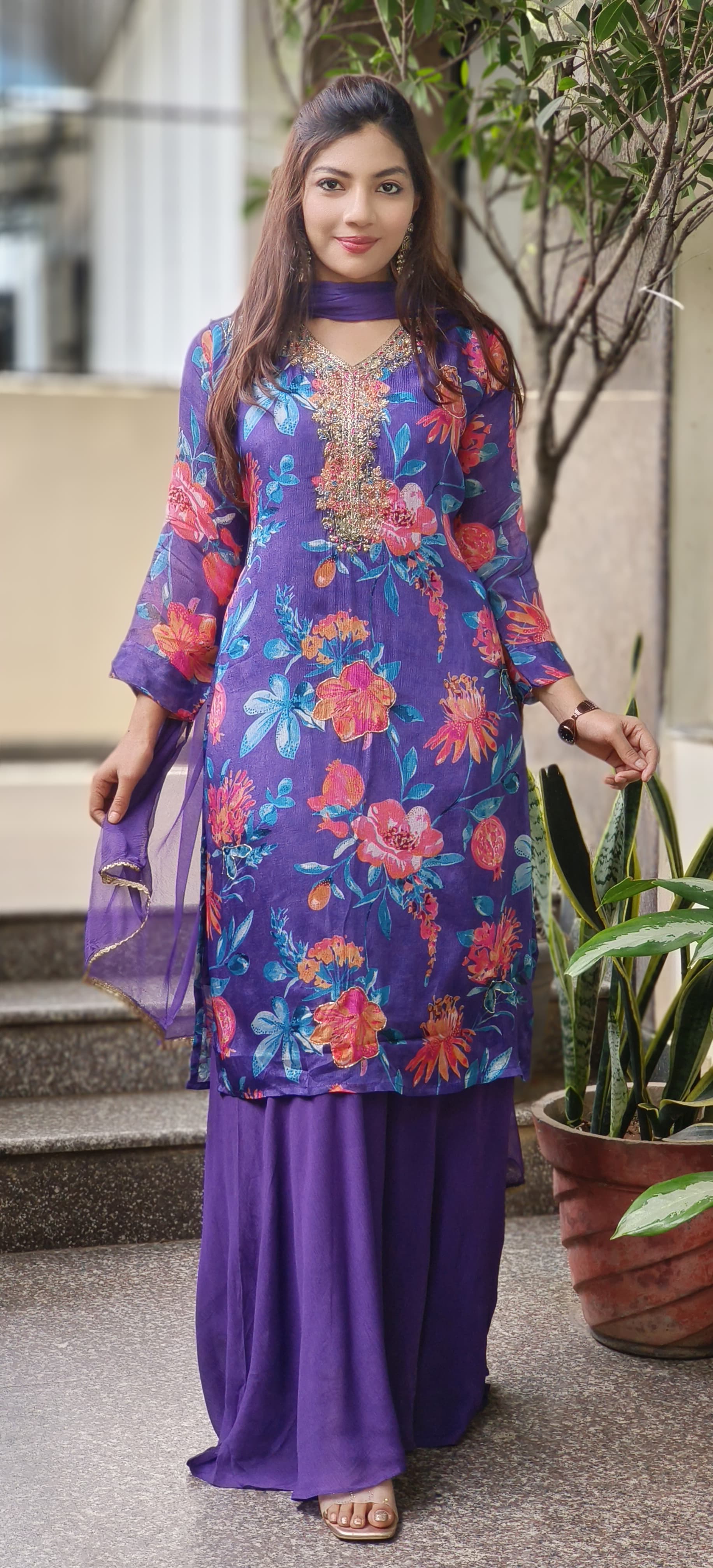 Zardosi Neck Work Floral Printed Chinon Full Suit Set With Loose Palazzo Bottom & Dupatta- 10198