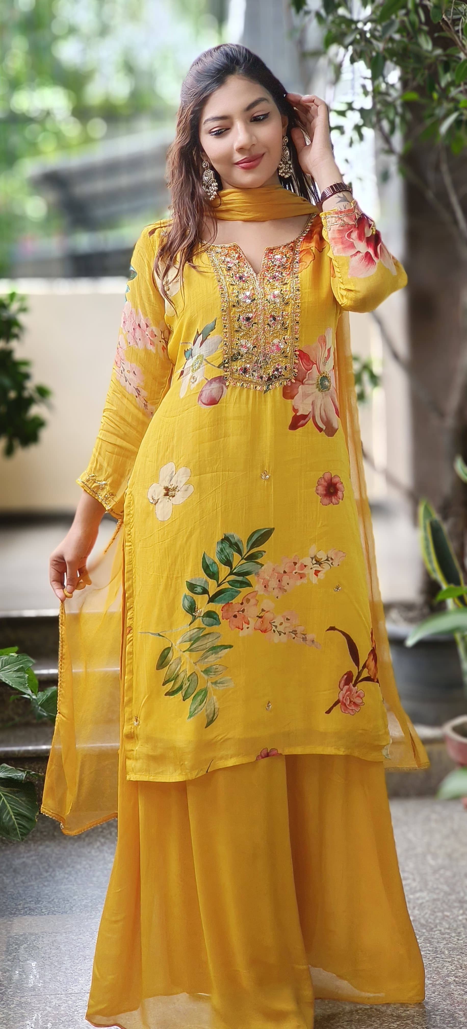 Giant Flower Print Bright Full Suit Set With Loose Palazzo Bottom & Dupatta In Chinon Fabric- 10192