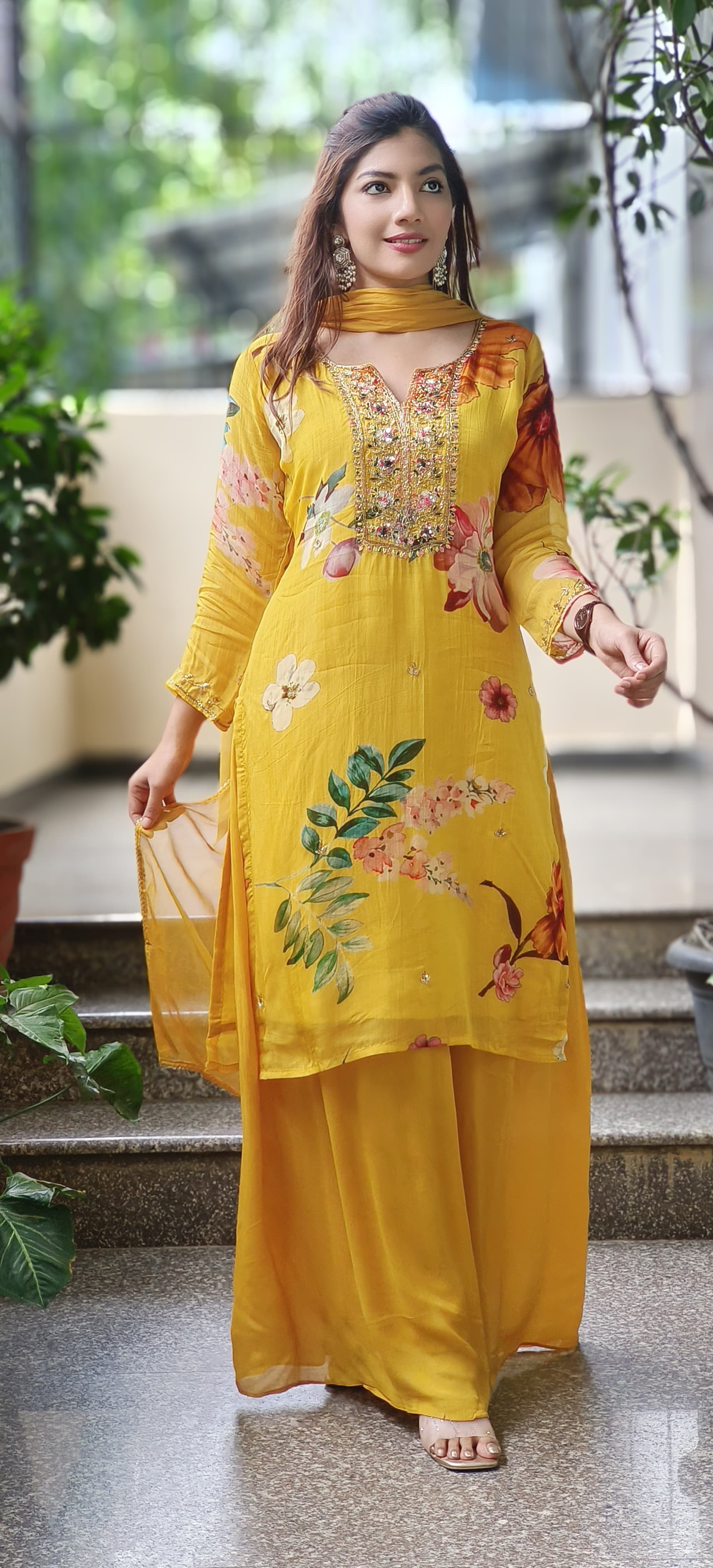 Giant Flower Print Bright Full Suit Set With Loose Palazzo Bottom & Dupatta In Chinon Fabric- 10192
