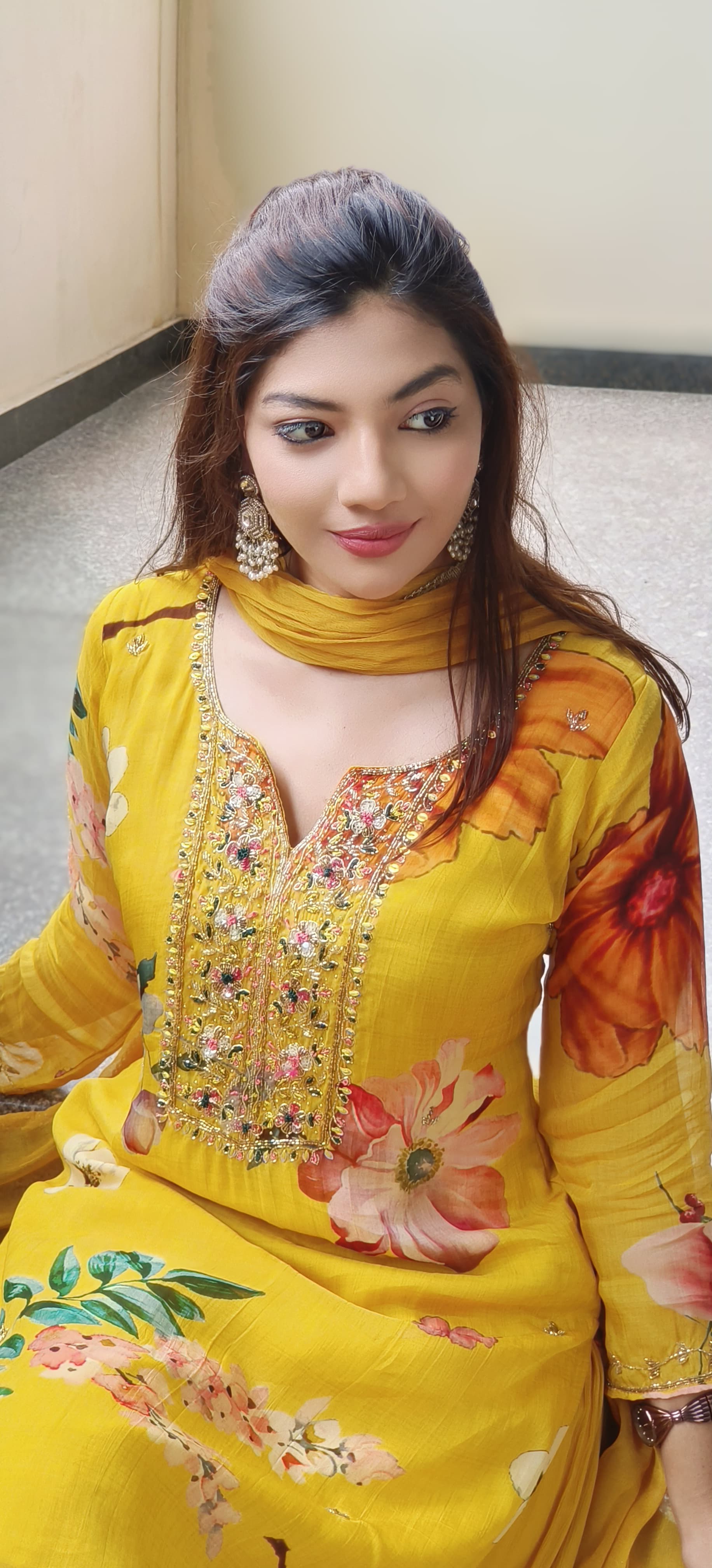Giant Flower Print Bright Full Suit Set With Loose Palazzo Bottom & Dupatta In Chinon Fabric- 10192