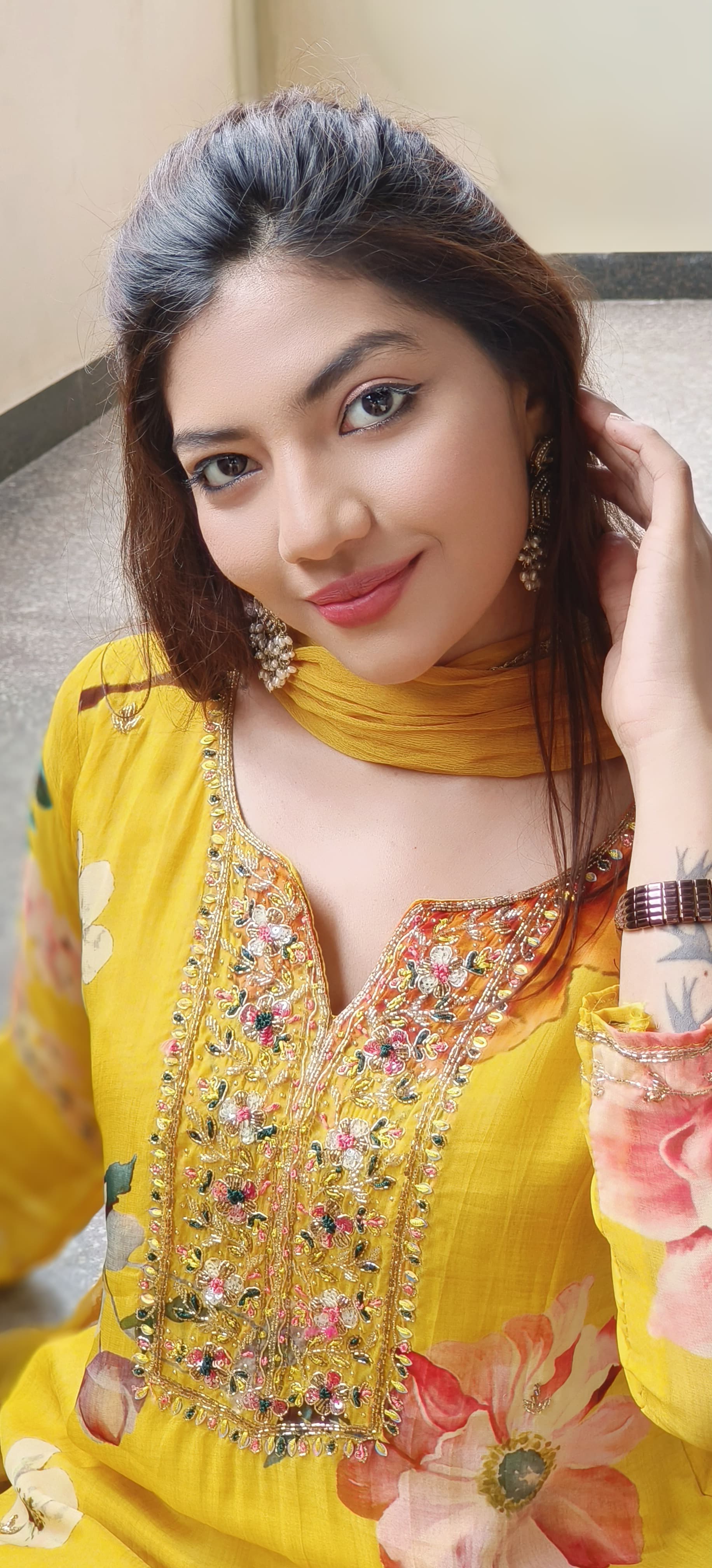 Giant Flower Print Bright Full Suit Set With Loose Palazzo Bottom & Dupatta In Chinon Fabric- 10192