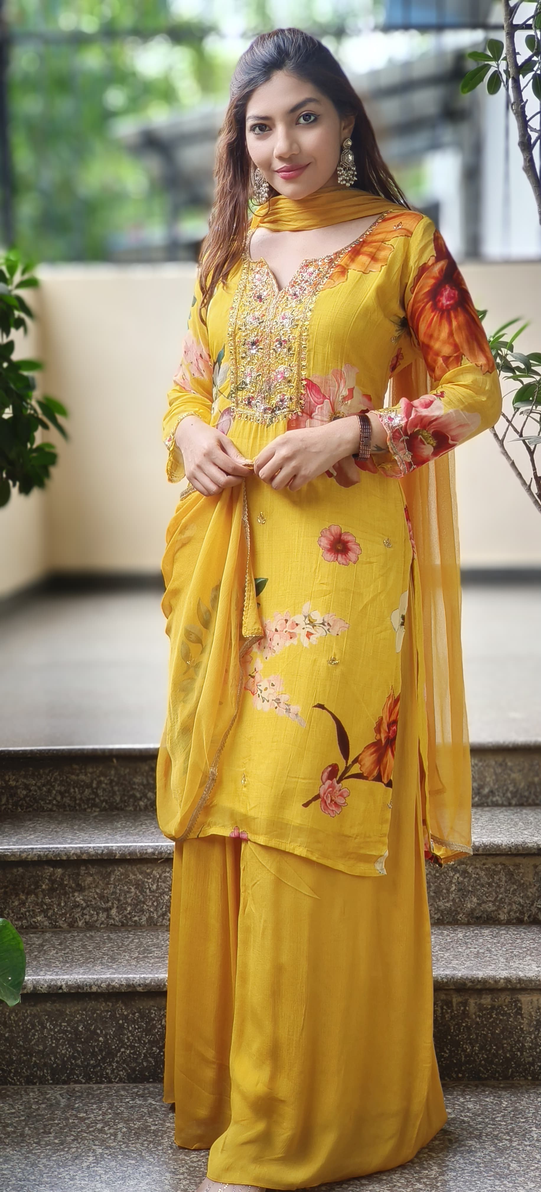 Giant Flower Print Bright Full Suit Set With Loose Palazzo Bottom & Dupatta In Chinon Fabric- 10192