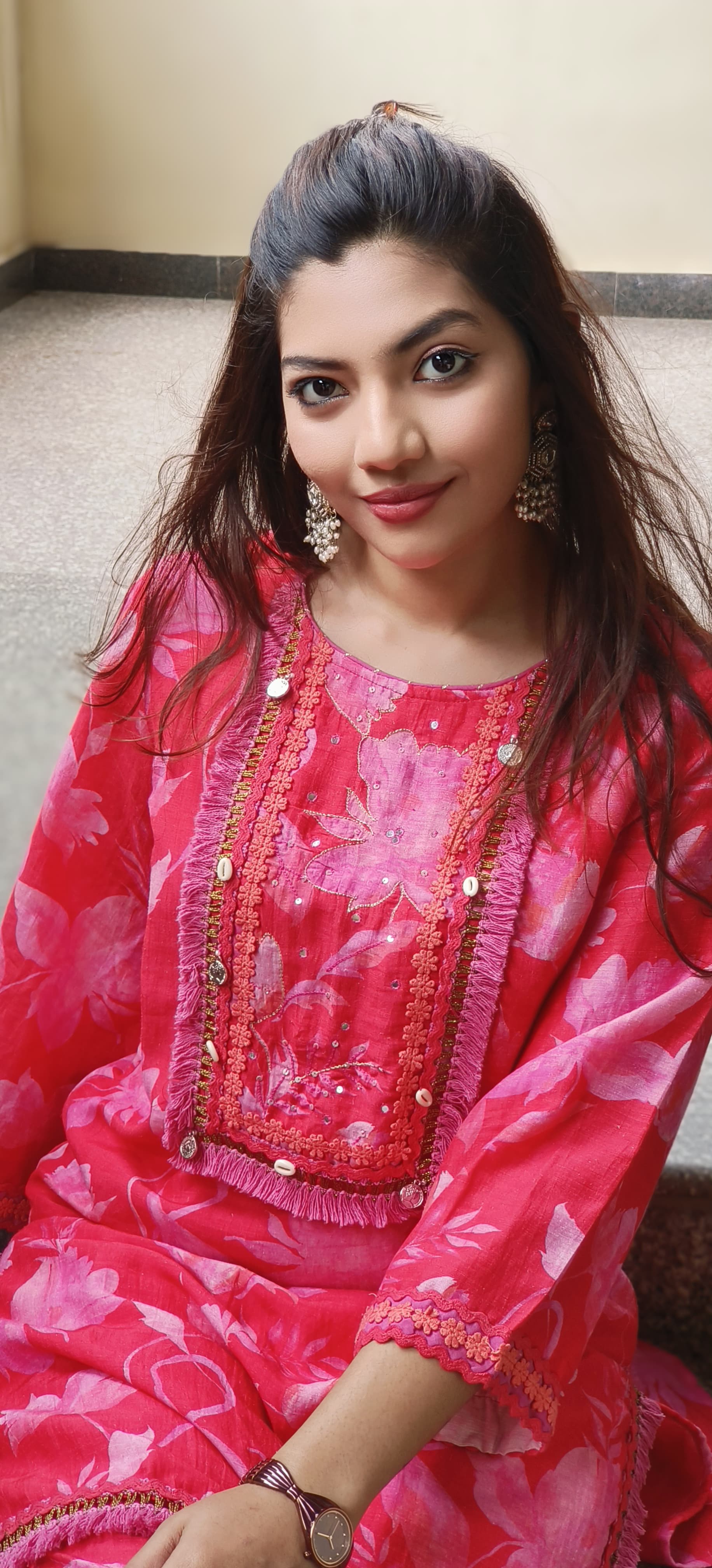 Crosia Lace Front Work Floral Printed Kurta Pant Set In Pure Linen Fabric With Lining- 10258