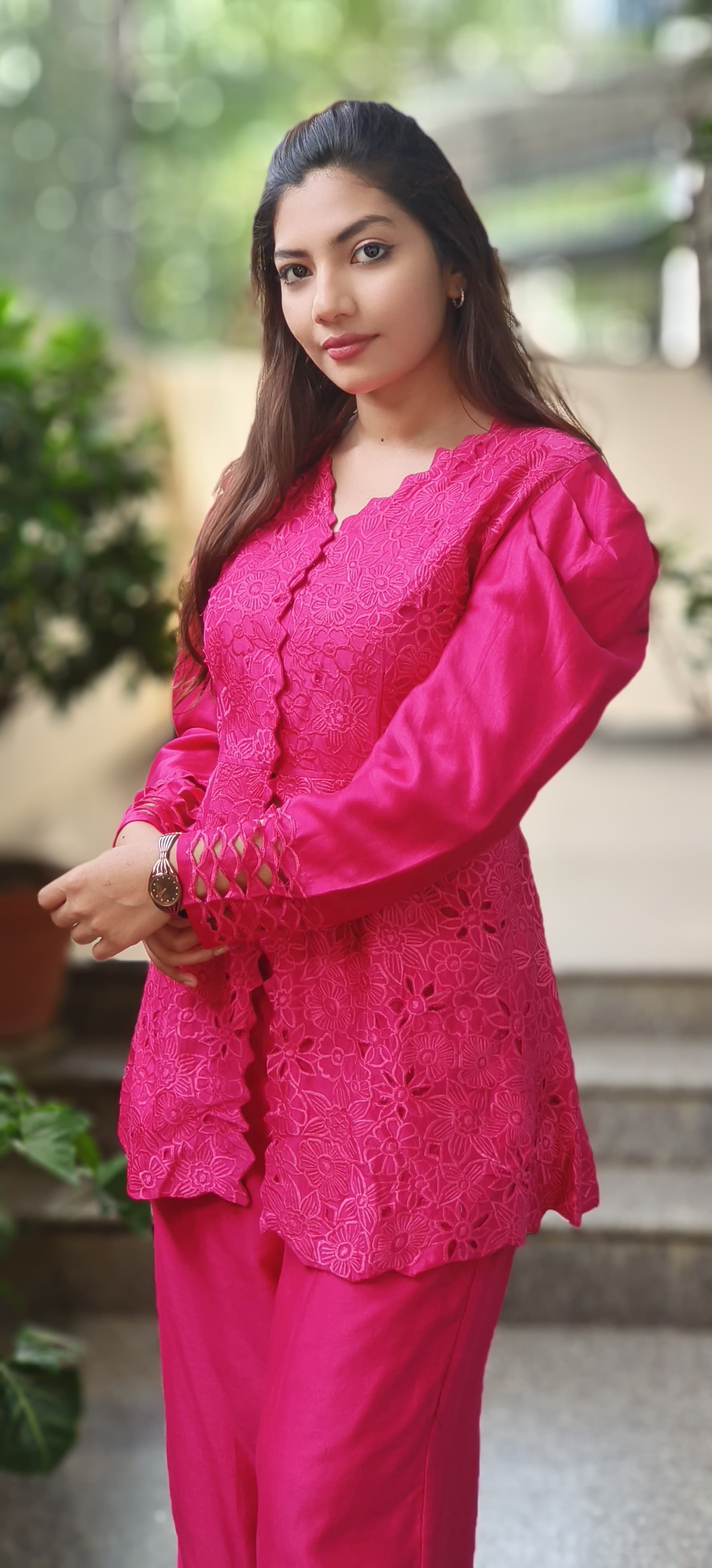 Floral Ressam Thread Embroidered Cutwork Puff Sleeve Kurta Pant Set In Pure Chanderi Fabric- 10265, 10266, 10267