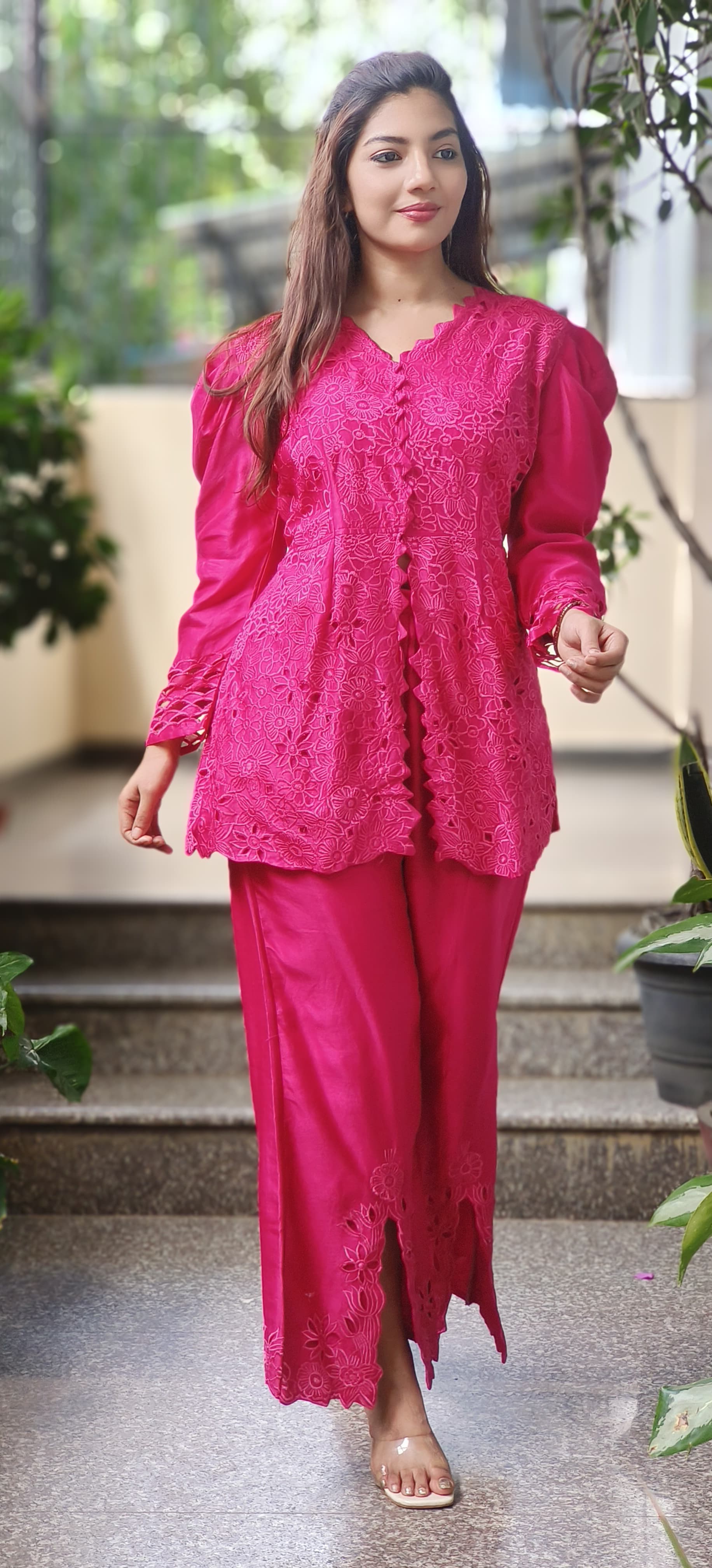 Floral Ressam Thread Embroidered Cutwork Puff Sleeve Kurta Pant Set In Pure Chanderi Fabric- 10265, 10266, 10267