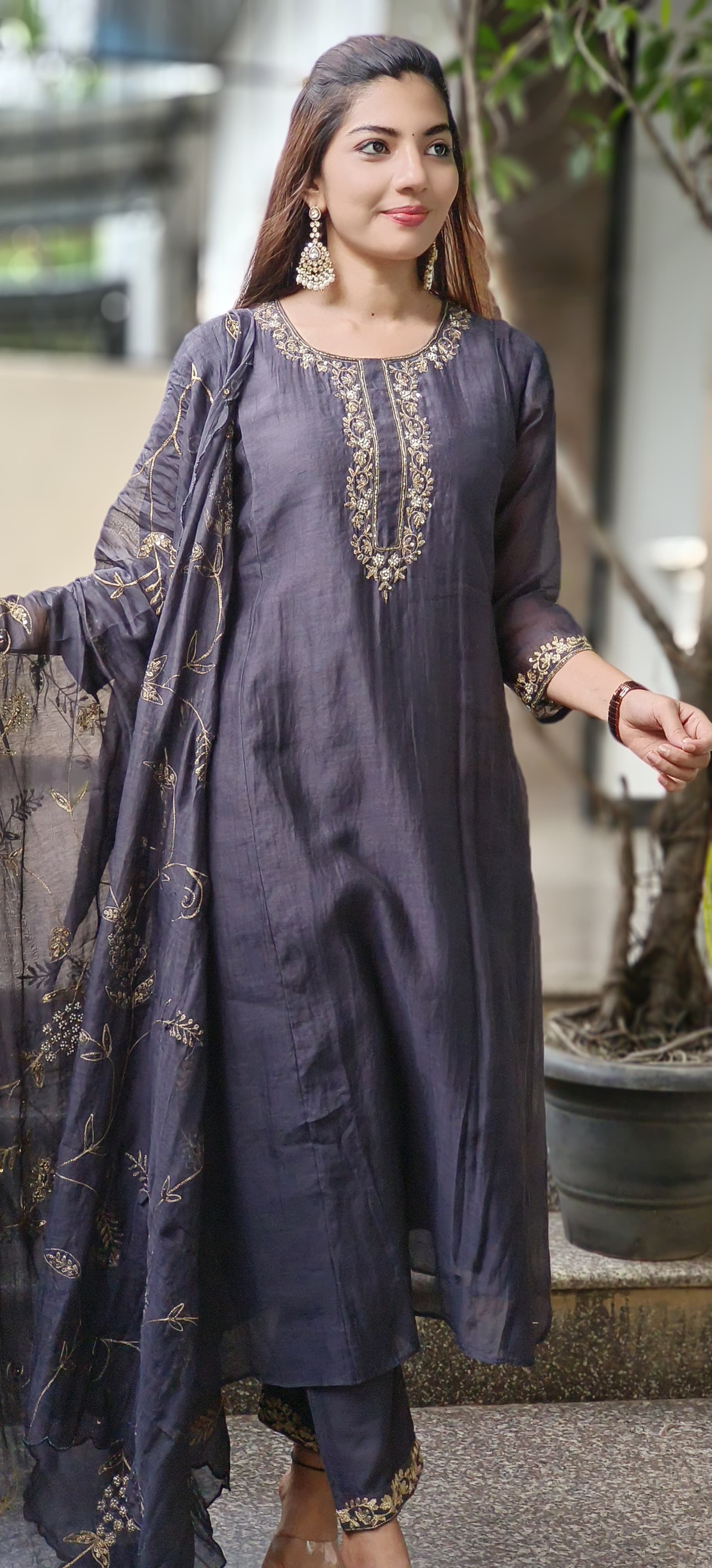 Simple Handwork Round Neck A-line Full Suit With Heavy Jaal Work Dupatta In Mul Chanderi Fabric- 10128, 10129, 10130