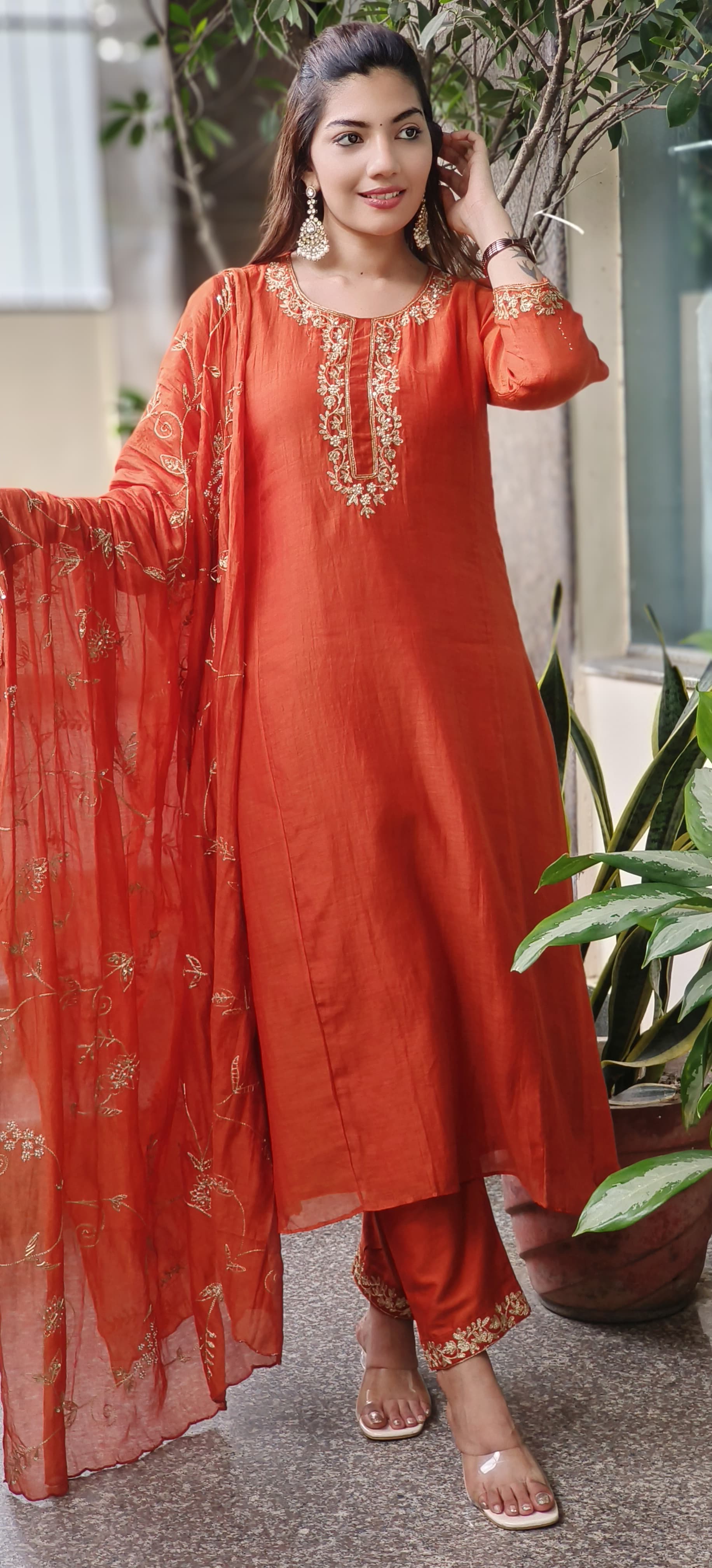 Simple Handwork Round Neck A-line Full Suit With Heavy Jaal Work Dupatta In Mul Chanderi Fabric- 10128, 10129, 10130