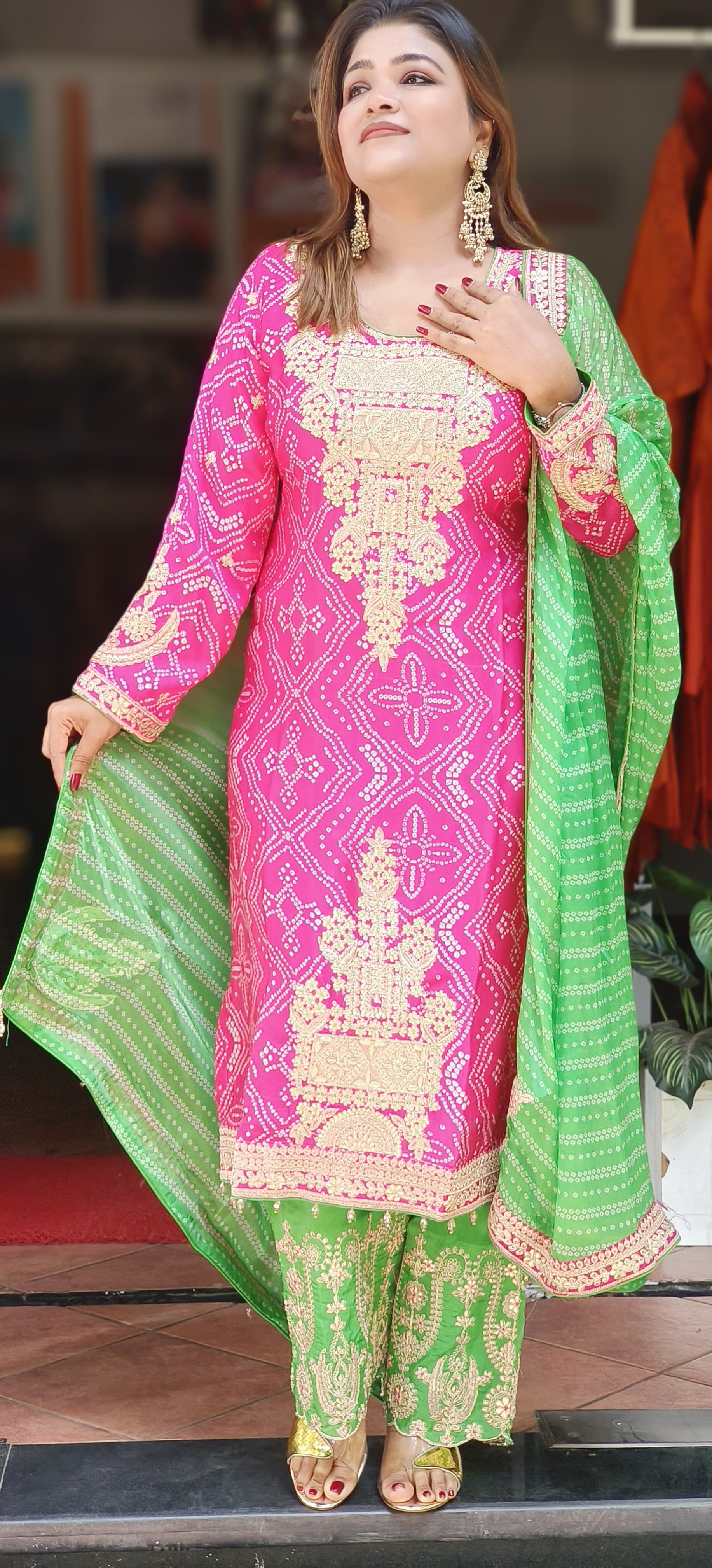 Zari Work Beautiful Yoke Design Bandhani Print Full Suit With Dupatta In Silk Fabric