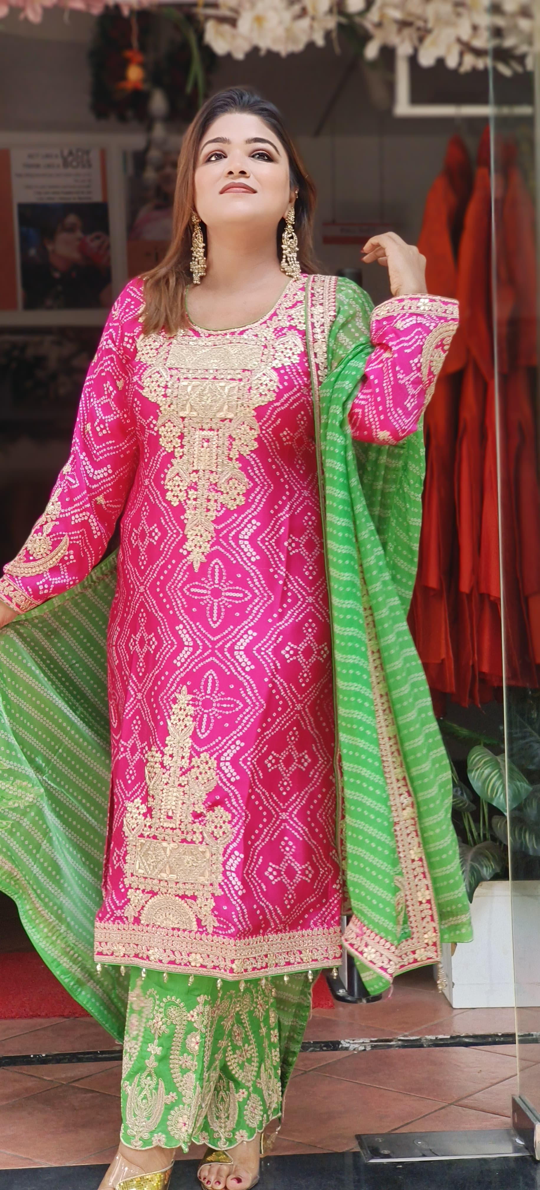 Zari Work Beautiful Yoke Design Bandhani Print Full Suit With Dupatta In Silk Fabric