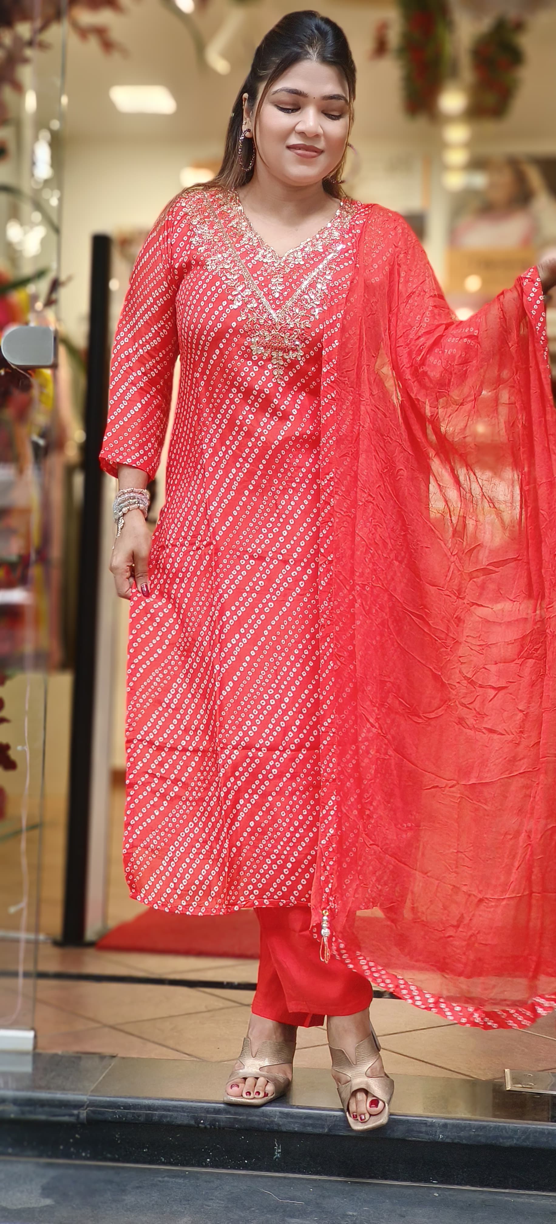 V-Neck Handwork Dotted Silk Full Suit With Dupatta