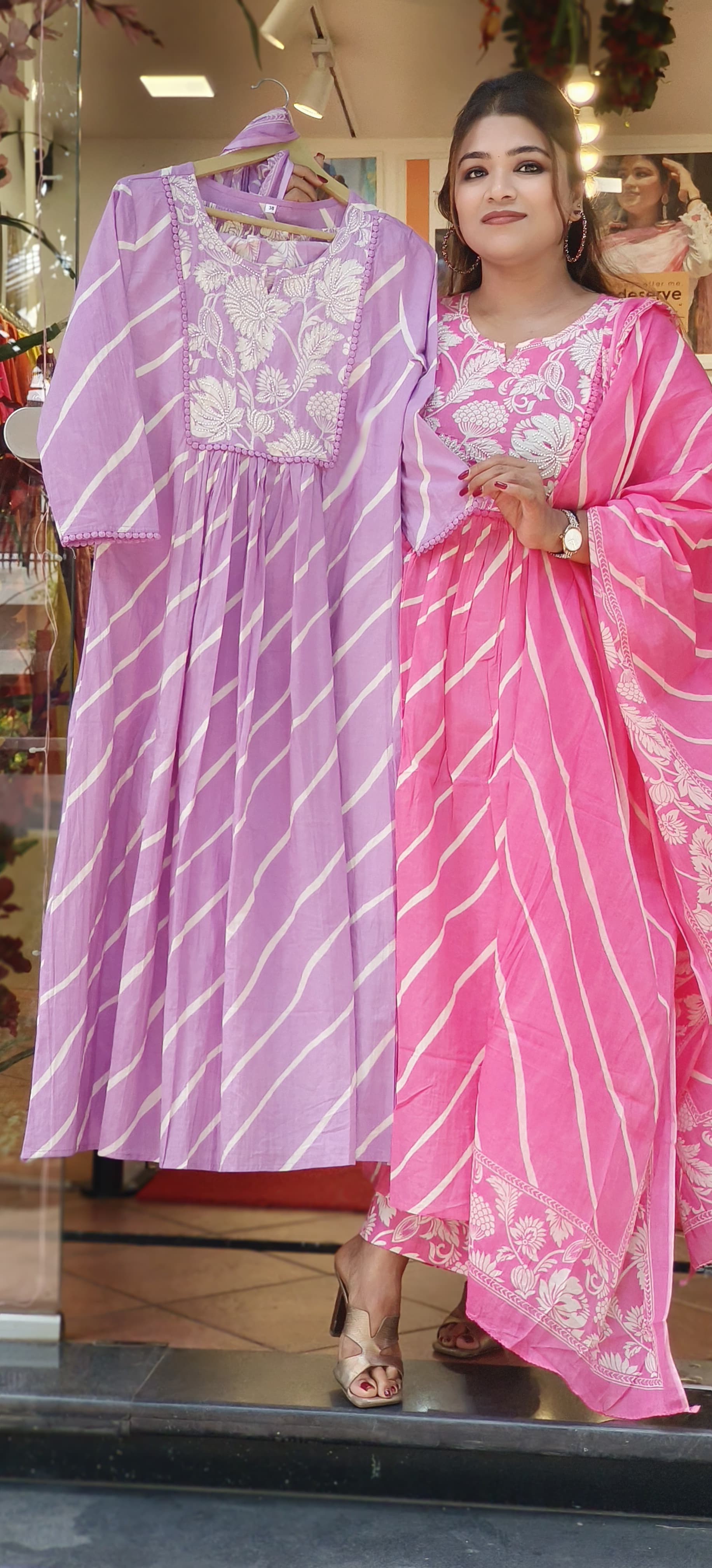 Floral Yoke A-Line Full Suit Set With Dupatta In Cotton Fabric