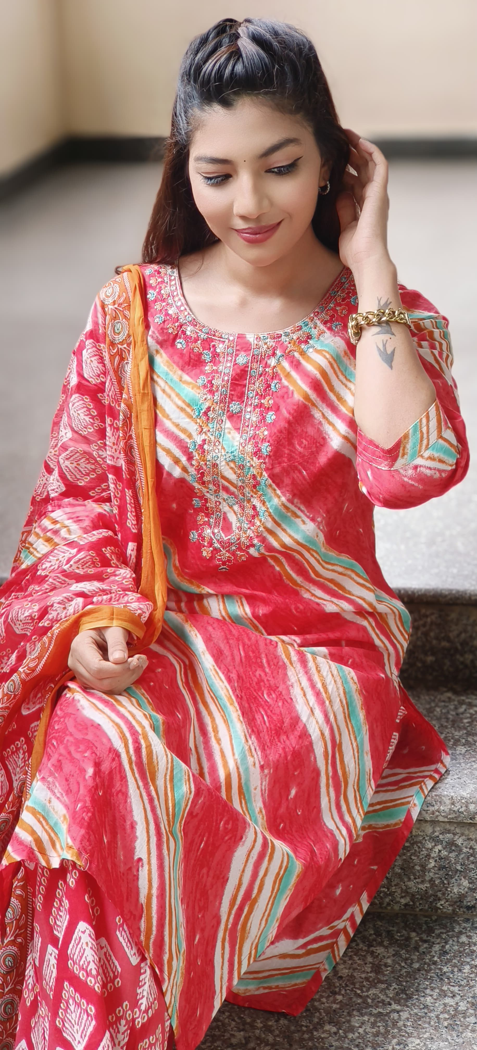 Leheriya Printed Full Suit Set With Dupatta In Cotton Fabric