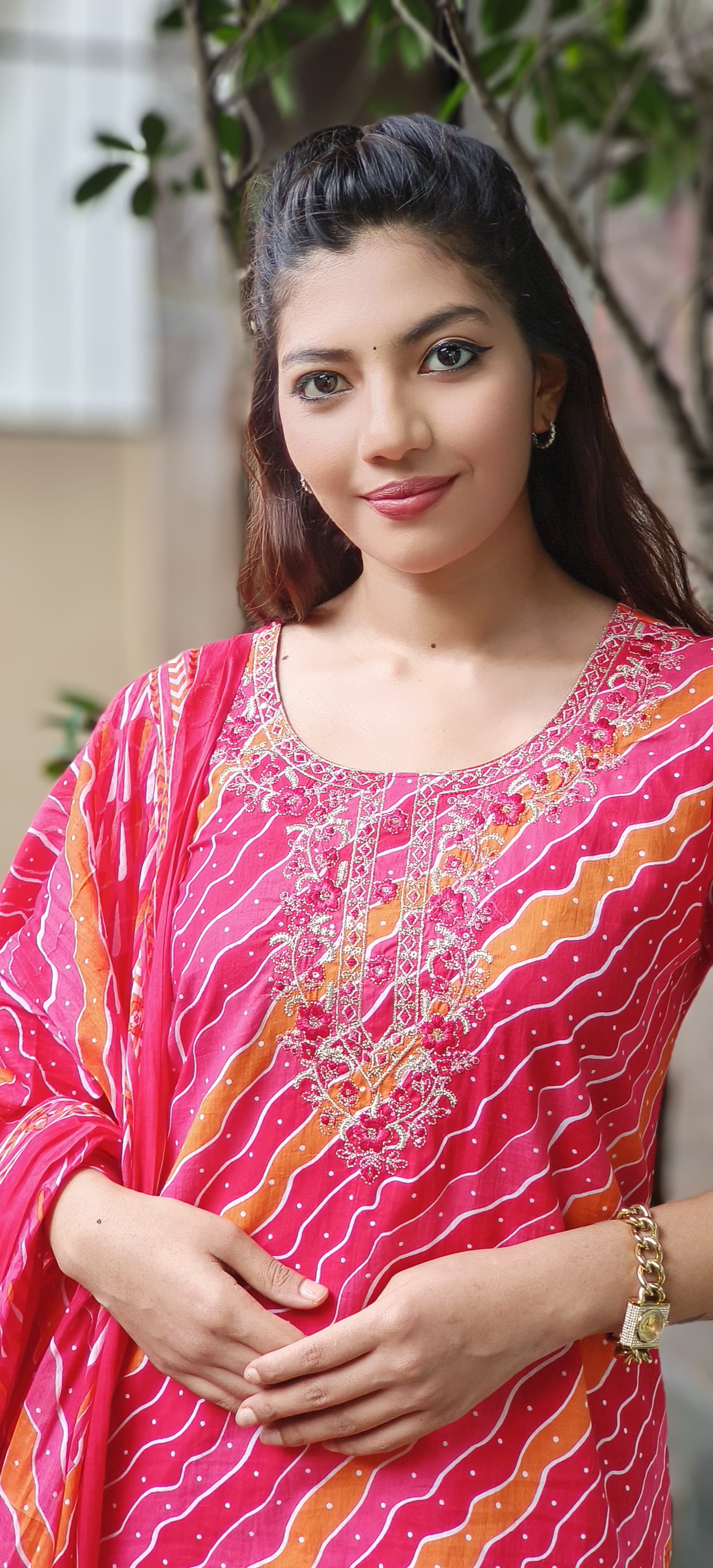 Lehriya Floral Thread Work Bright Full Suit Set With Dupatta In Cotton Fabric
